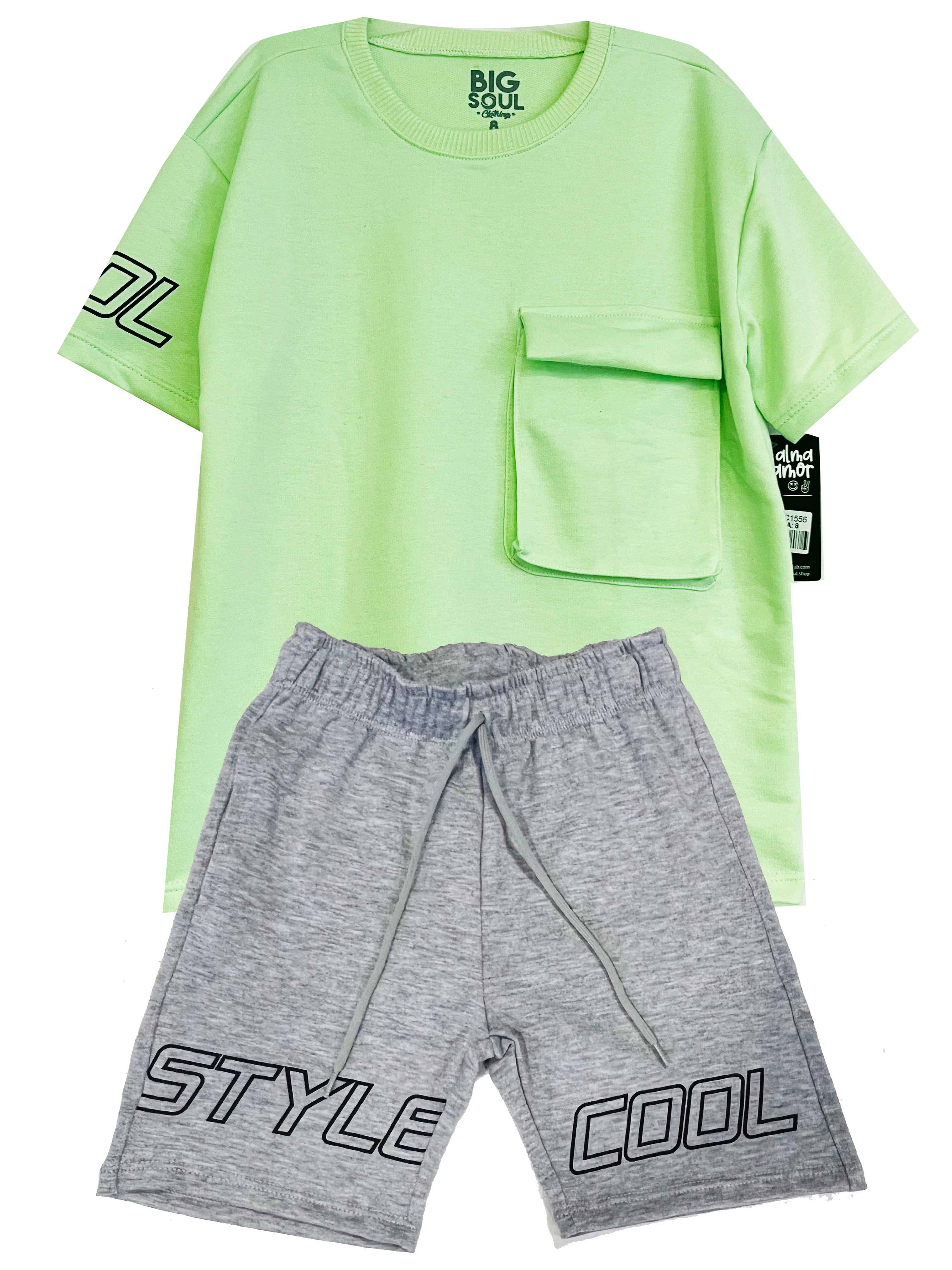 C1556 CAMISETA OVER SIZE VERDE MANZANA/ BERMUDA BURDA GRIS JASPE