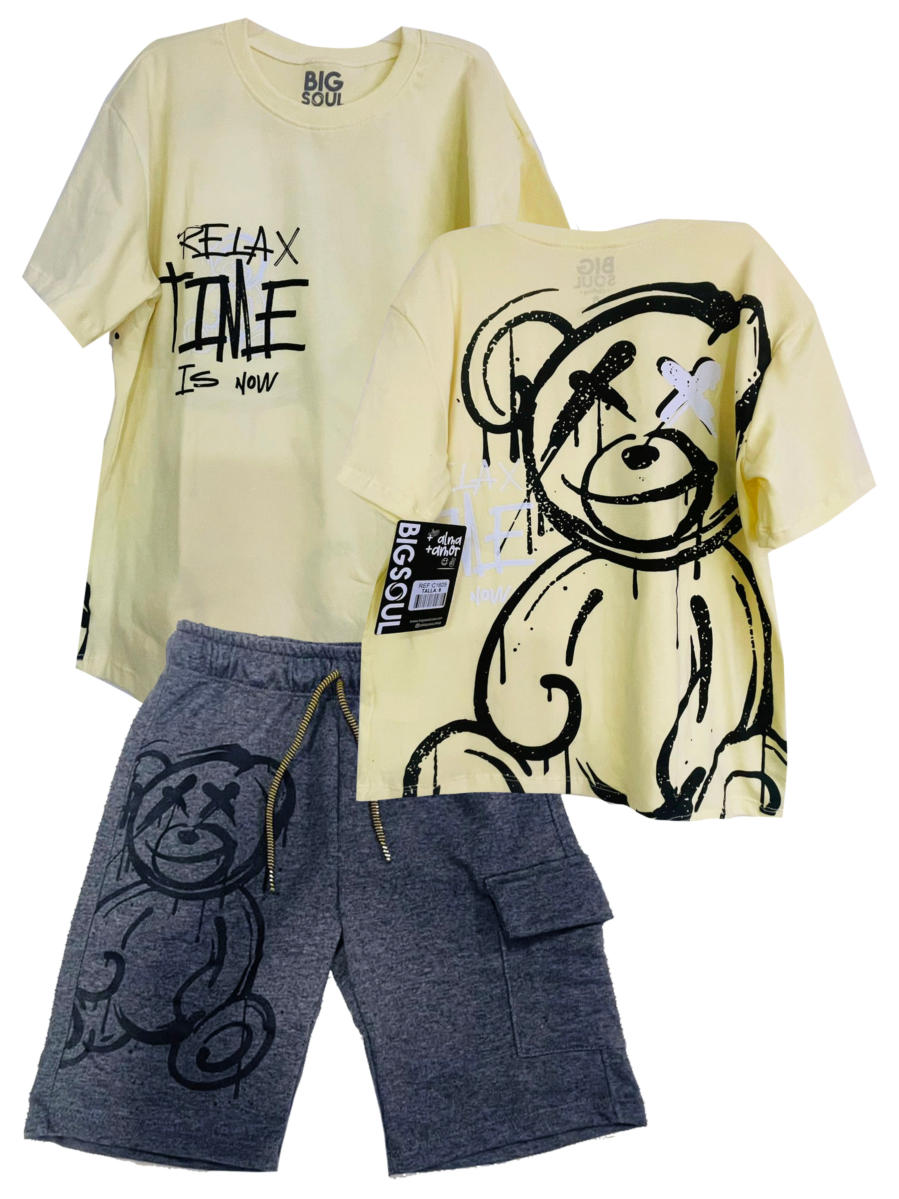C1605 CONJUNTO  CAMISETA OVERSIZE AMARILLO/ BERMUDA NEGRO CROS