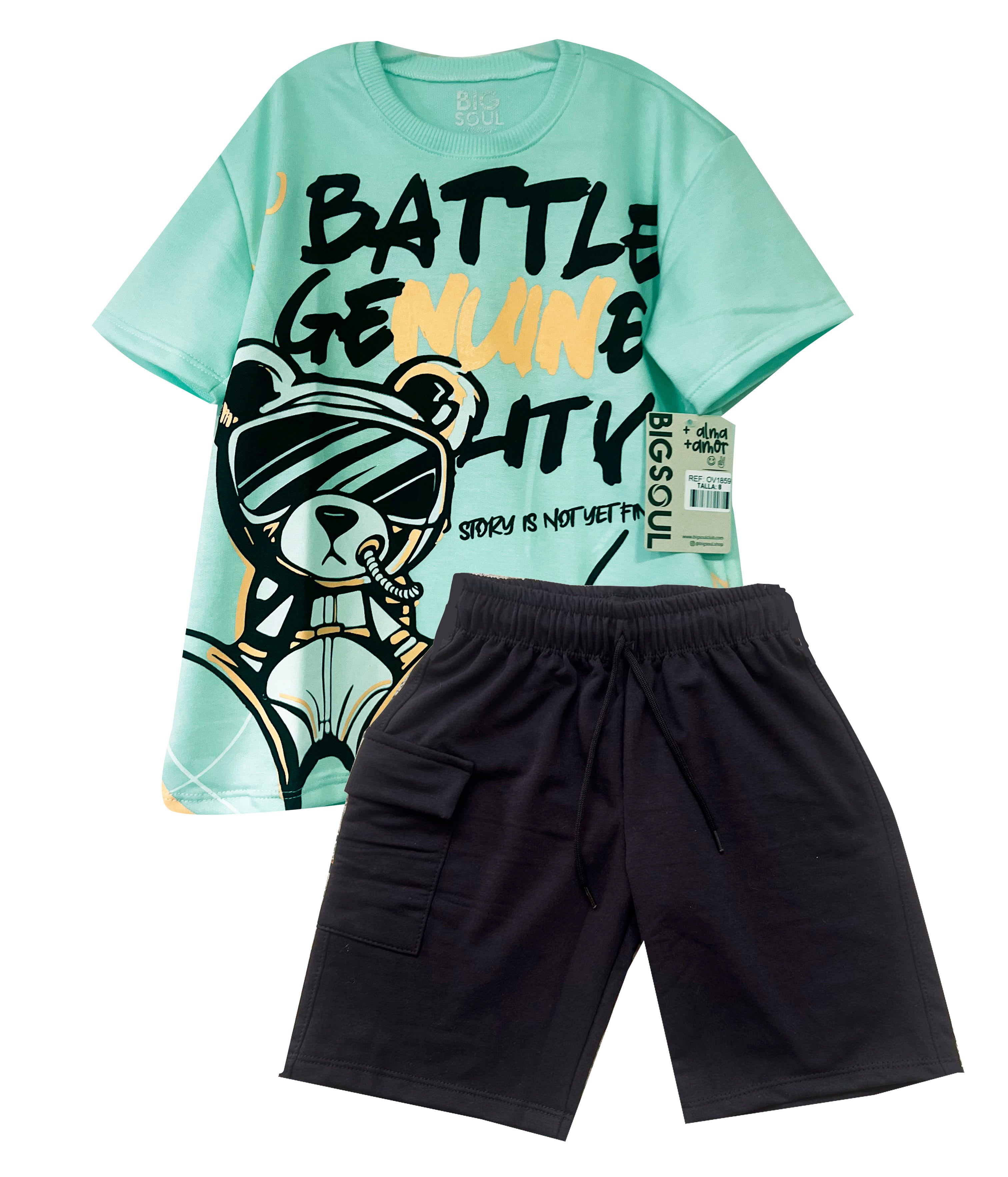 C1859 CONJUNTO CAMISETA OVER SIZE AGUAMARINA/ BERMUDA NEGRO