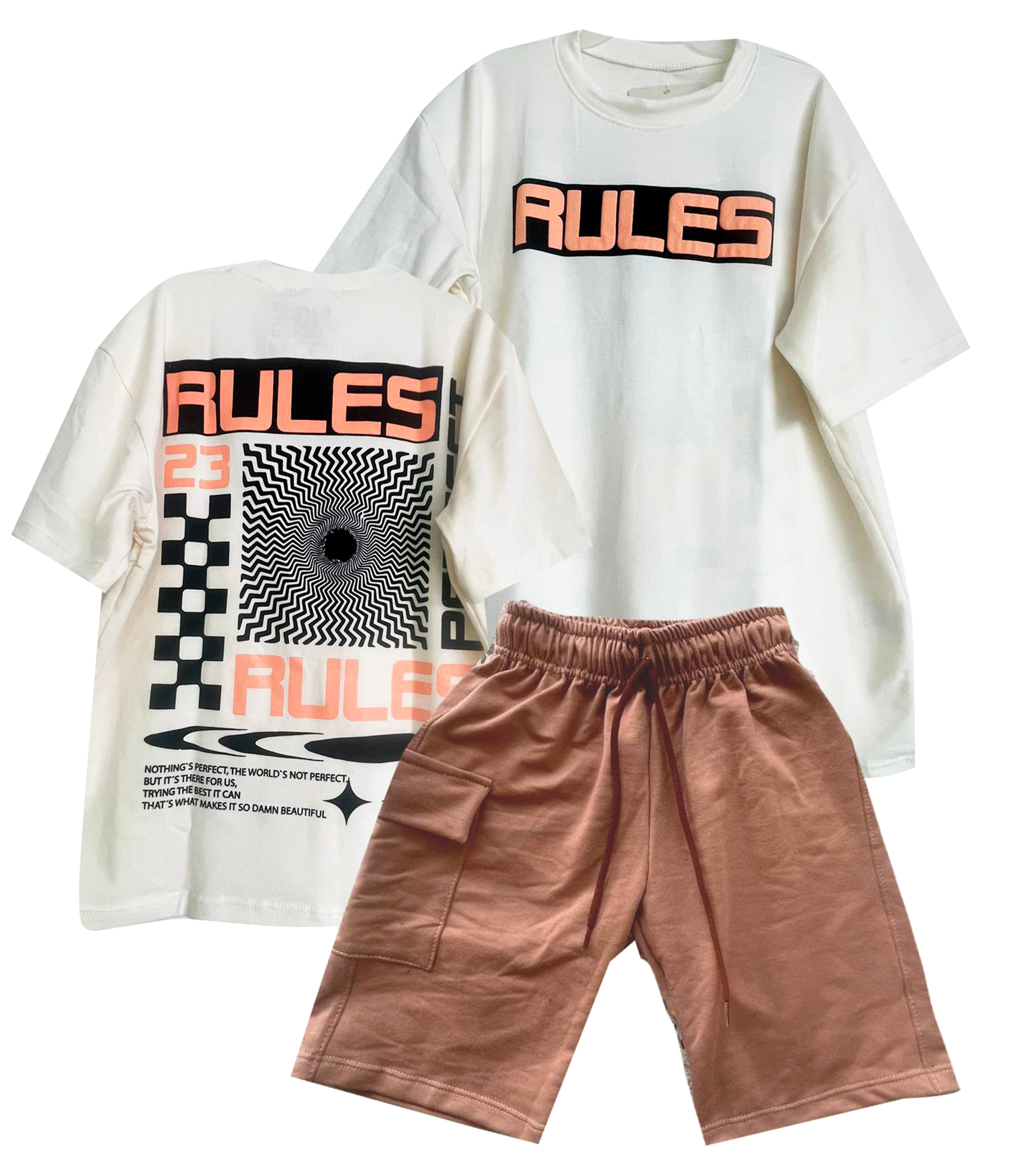 C1892 CONJUNTO CAMISETA OVERSIZE MARFIL / BERMUDA TABACO TELA BURDA