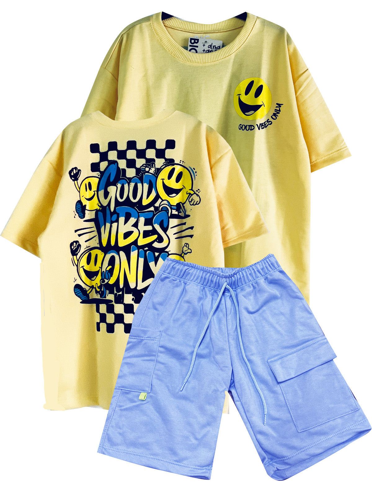 C1905 CONJUNTO  UNICOLOR CAMISETA OVER SIZE AMARILLO / BERMUDA AZUL CIELO BOLSILLO