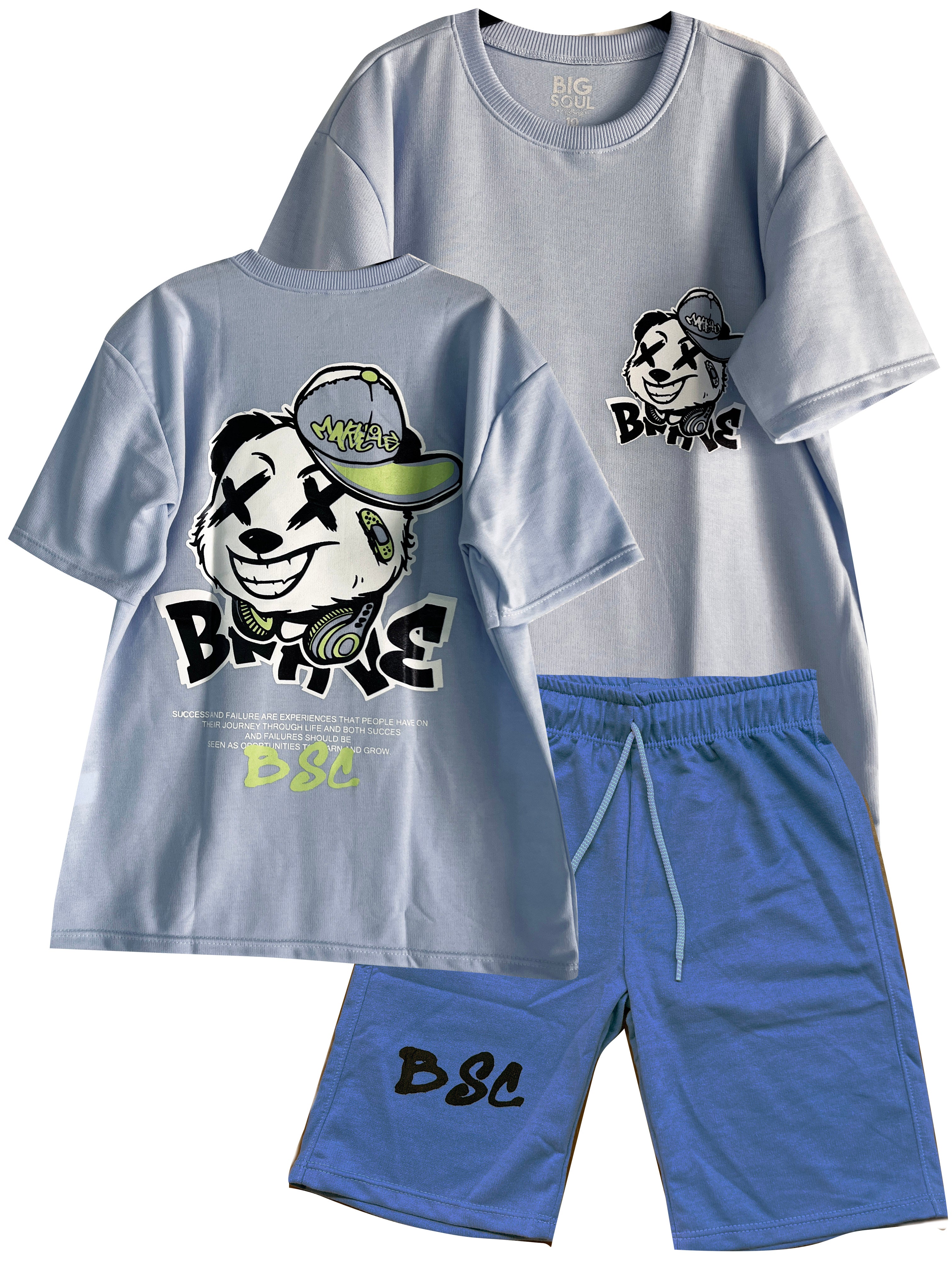 C1931 CONJUNTO   CAMISETA OVER SIZE AZUL CIELO/ BERMUDA HORTENCIA