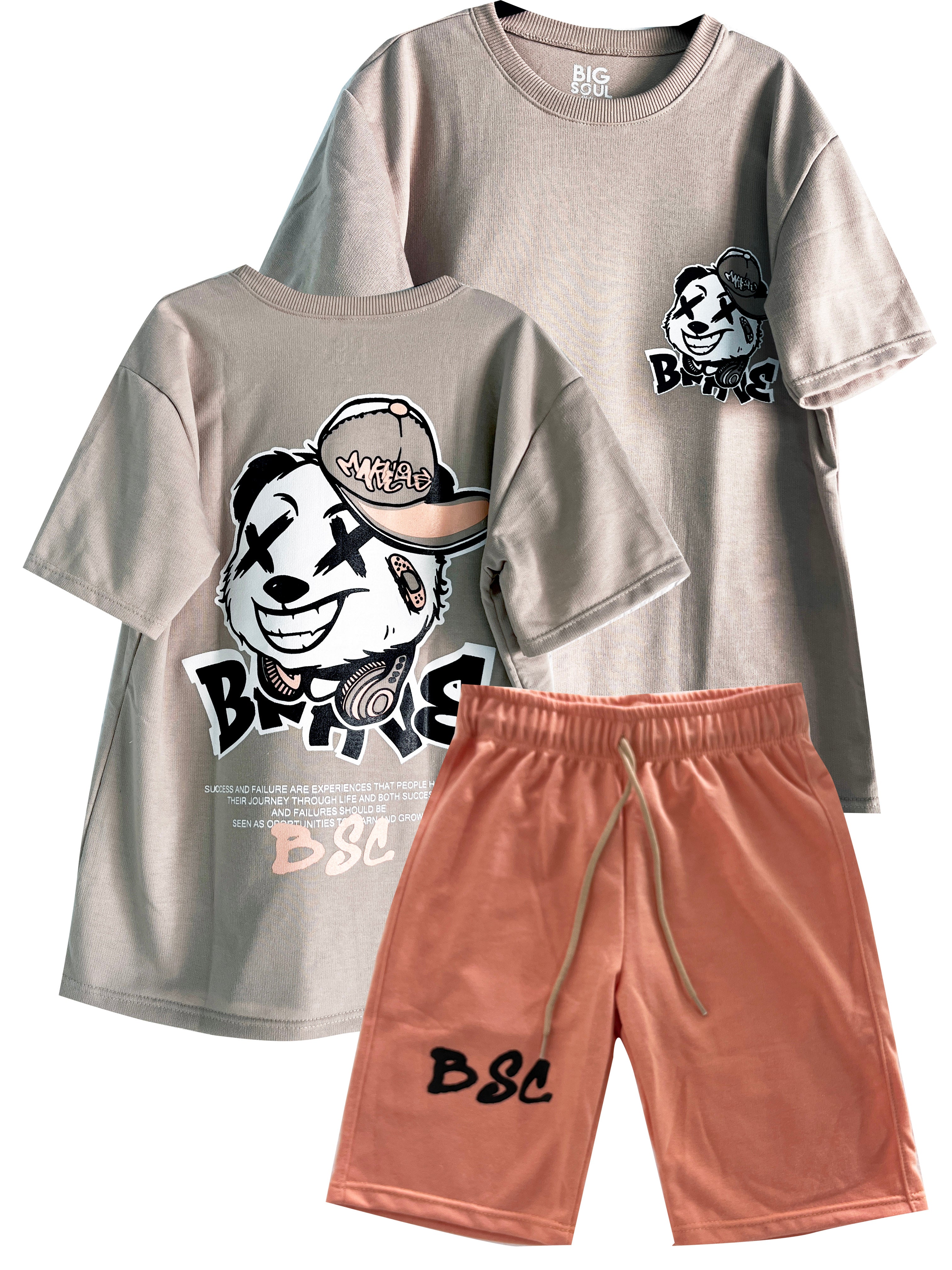 C1931 CONJUNTO   CAMISETA OVER SIZE KAKY/ BERMUDA MANDARINA