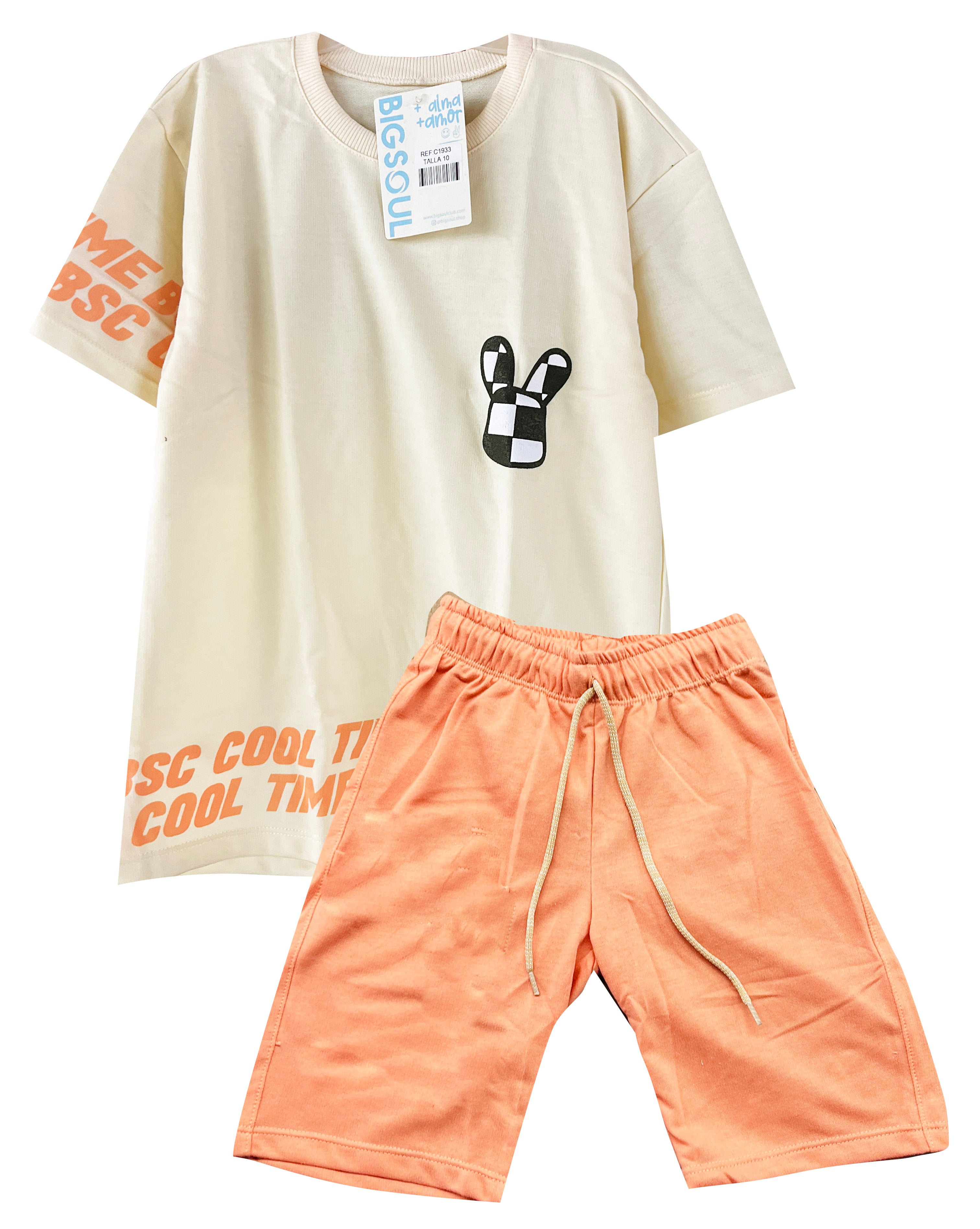 C1933 CONJUNTO   CAMISETA OVER SIZE MARFIL / BERMUDA MANDARINA