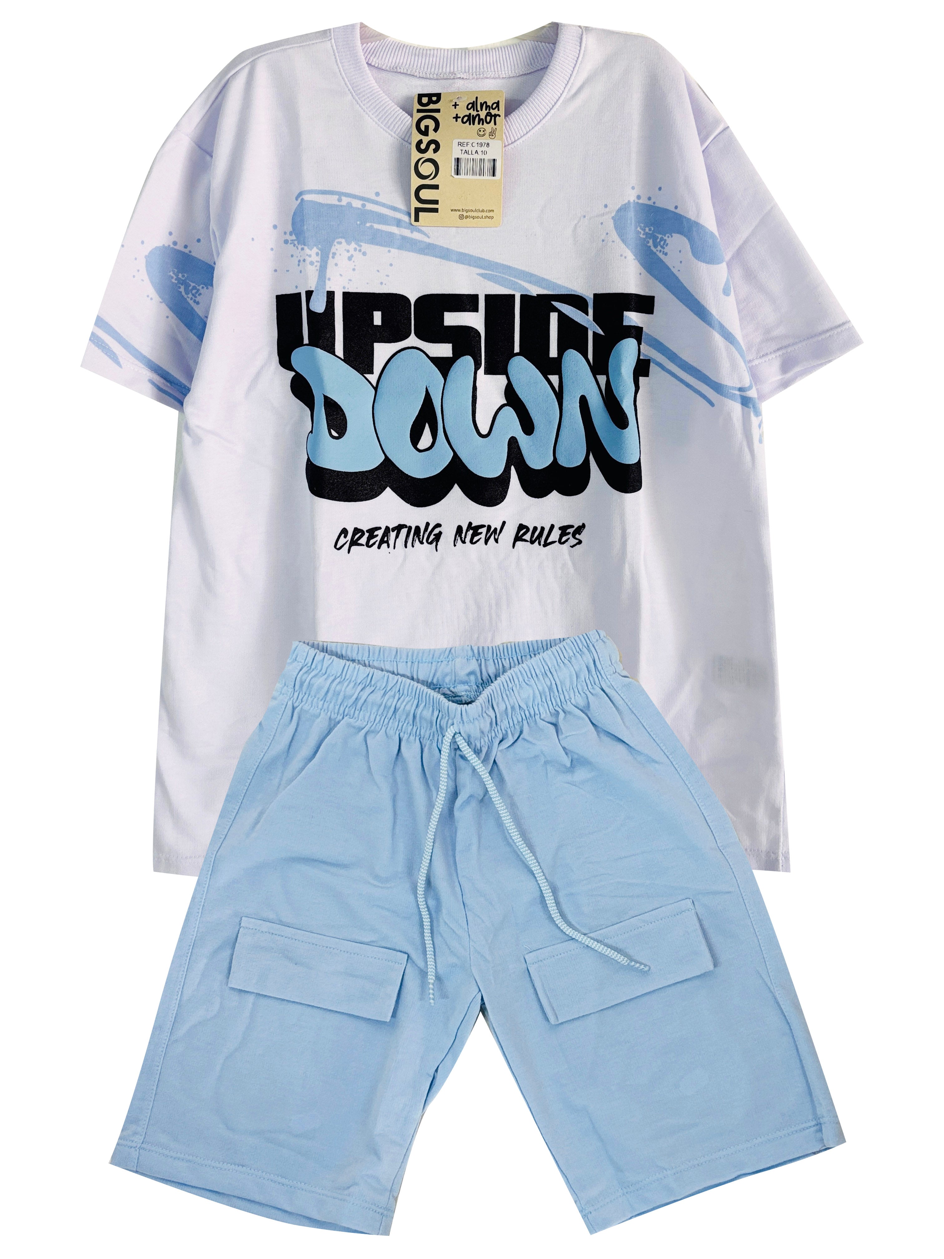 C1978 CONJUNTO CAMISETA OVER SIZE BLANCO/ BERMUDA AZUL CIELO
