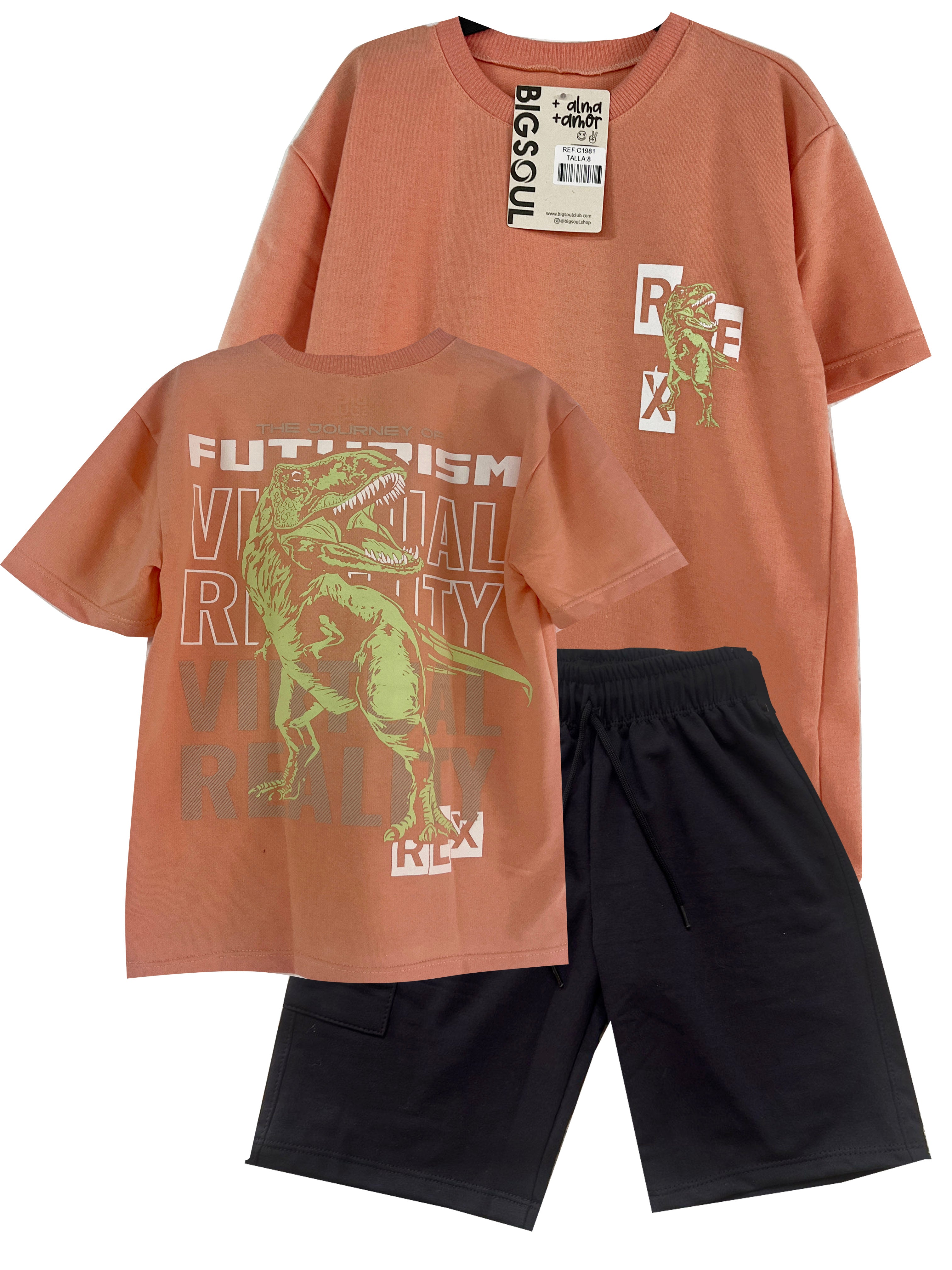 C1981 CONJUNTO   CAMISETA OVER SIZE MELON/ BERMUDA NEGRO