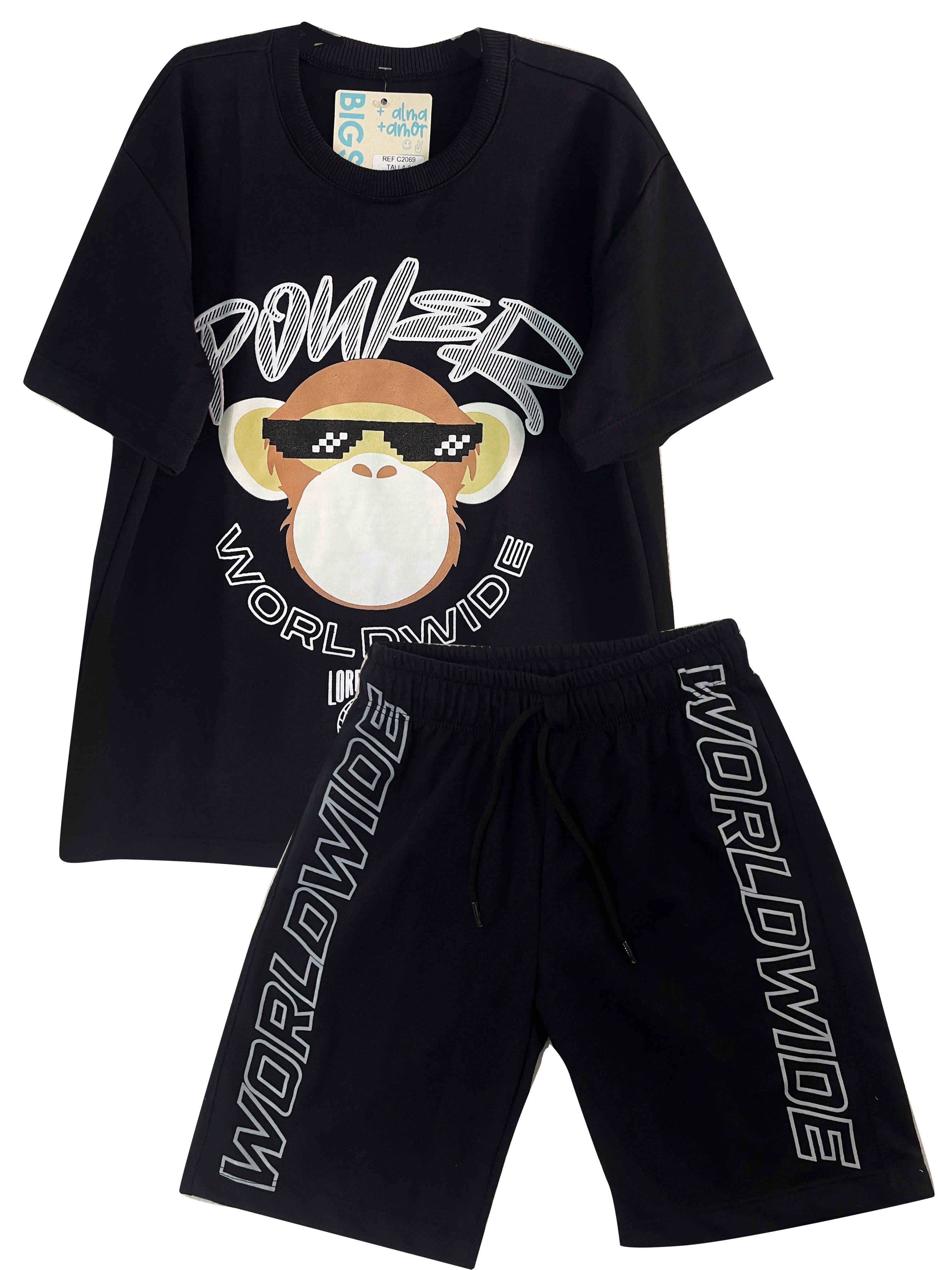 C2069 CONJUNTO UNICOLOR OVER SIZE NEGRO/ BERMUDA NEGRO