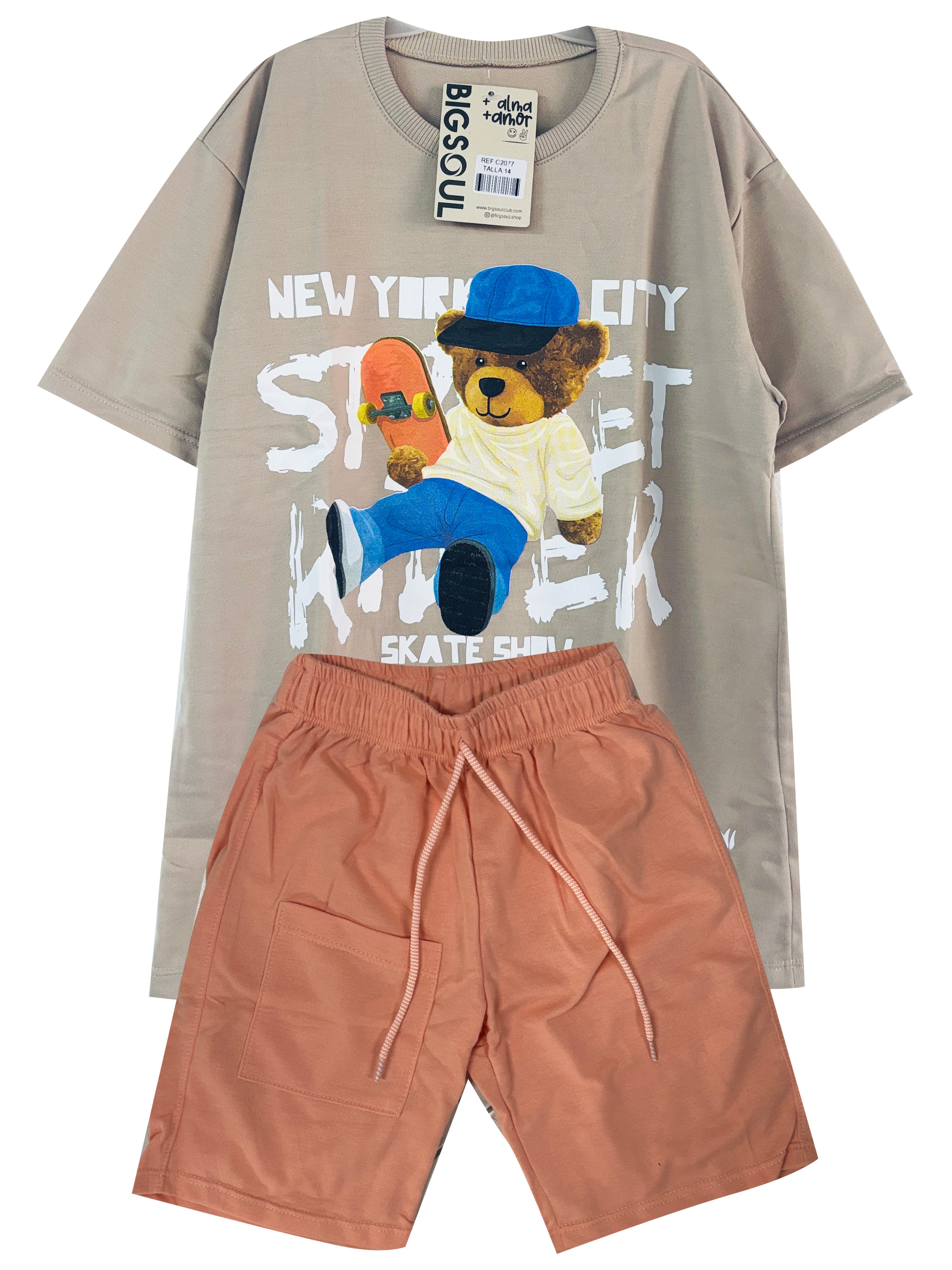 C2077 CONJUNTO CAMISETA  OVER SIZE KAKY/ BERMUDA MANDARINA