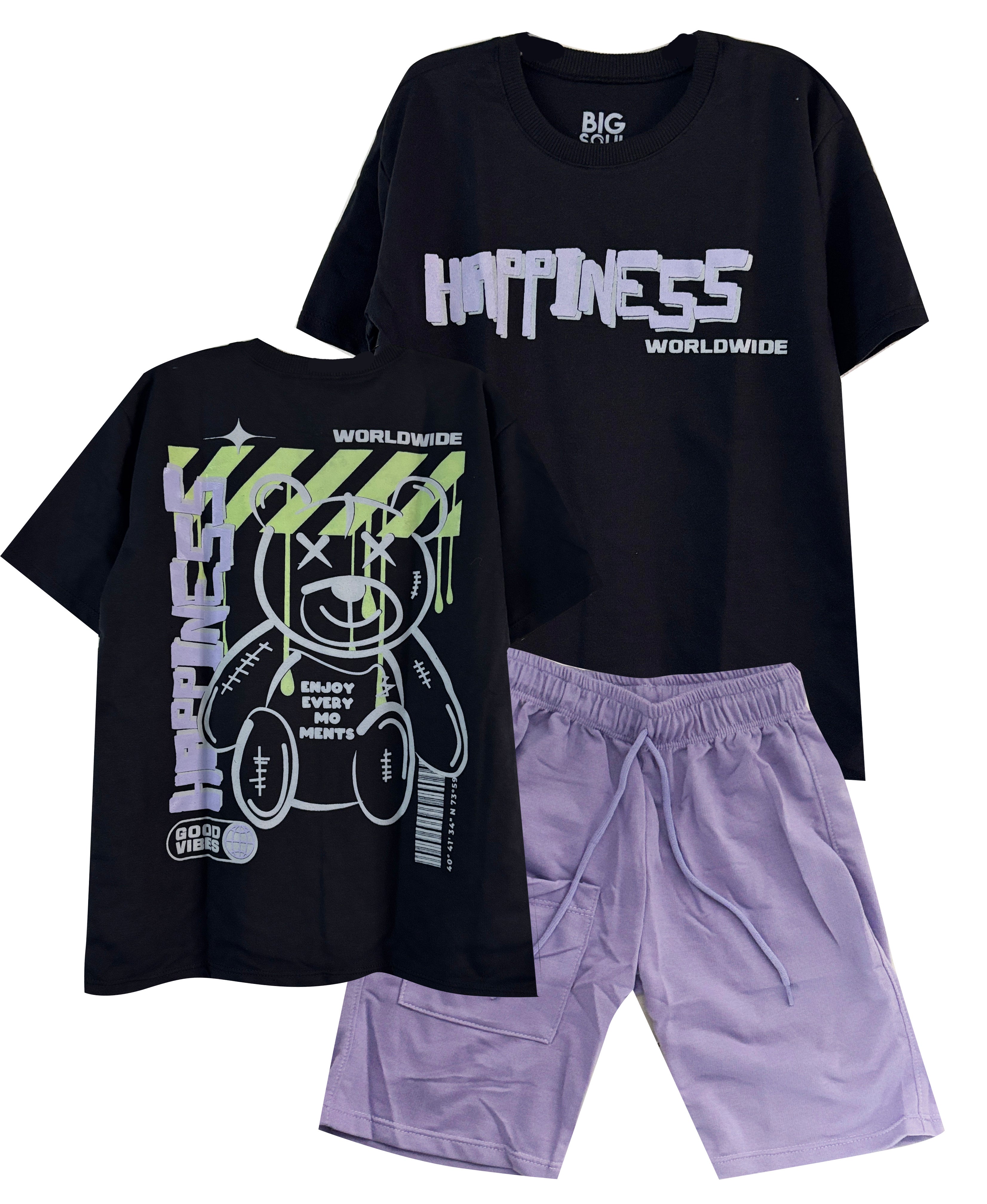 C2078 CONJUNTO CAMISETA  OVER SIZE NEGRO/ BERMUDA LILA
