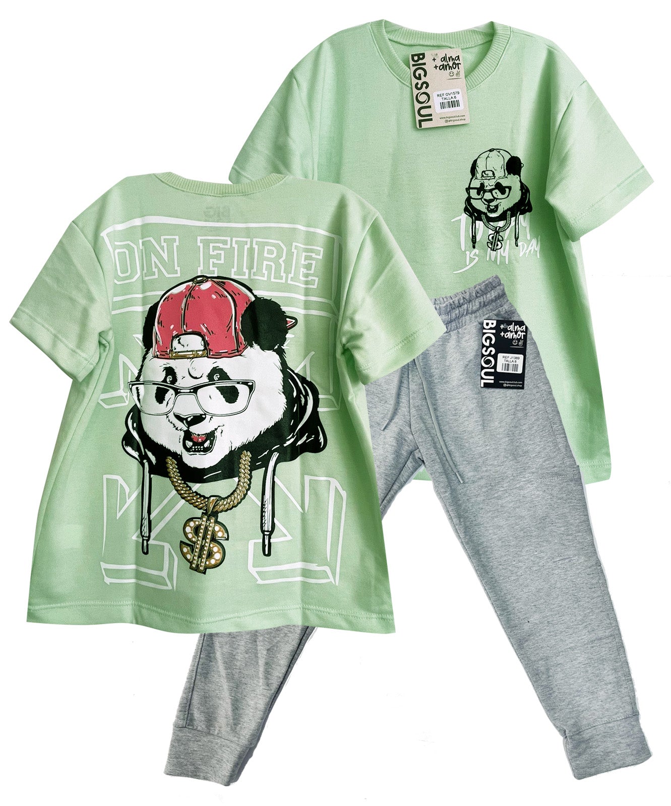 CJ1579 CONJUNTO CAMISETA OVER SIZE  VERDE MANZANA/ JOGGER GRIS JASPE