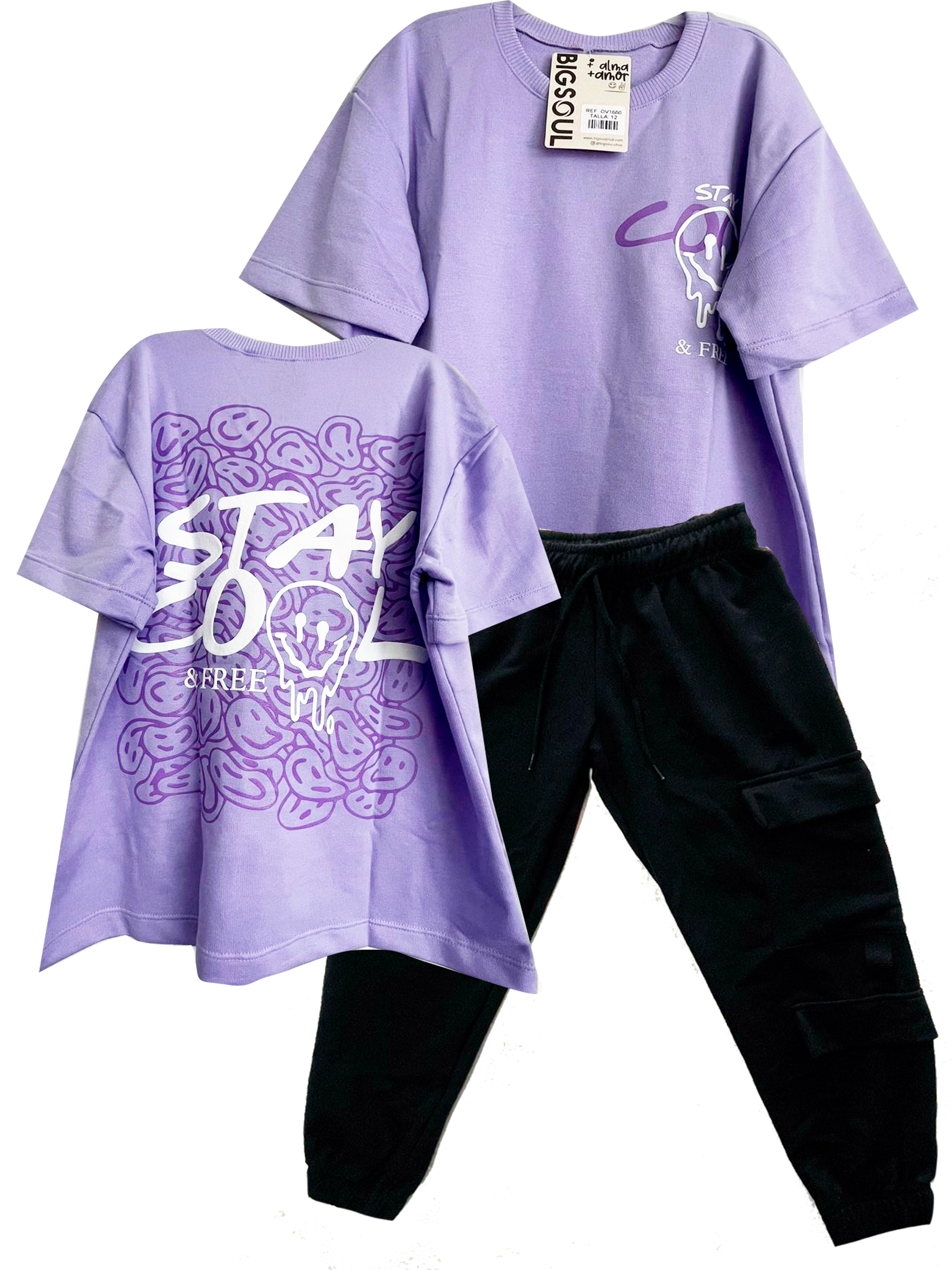 CJ1656  CONJUNTO CAMISETA OVER SIZE LILA/ JOGGER NEGRO
