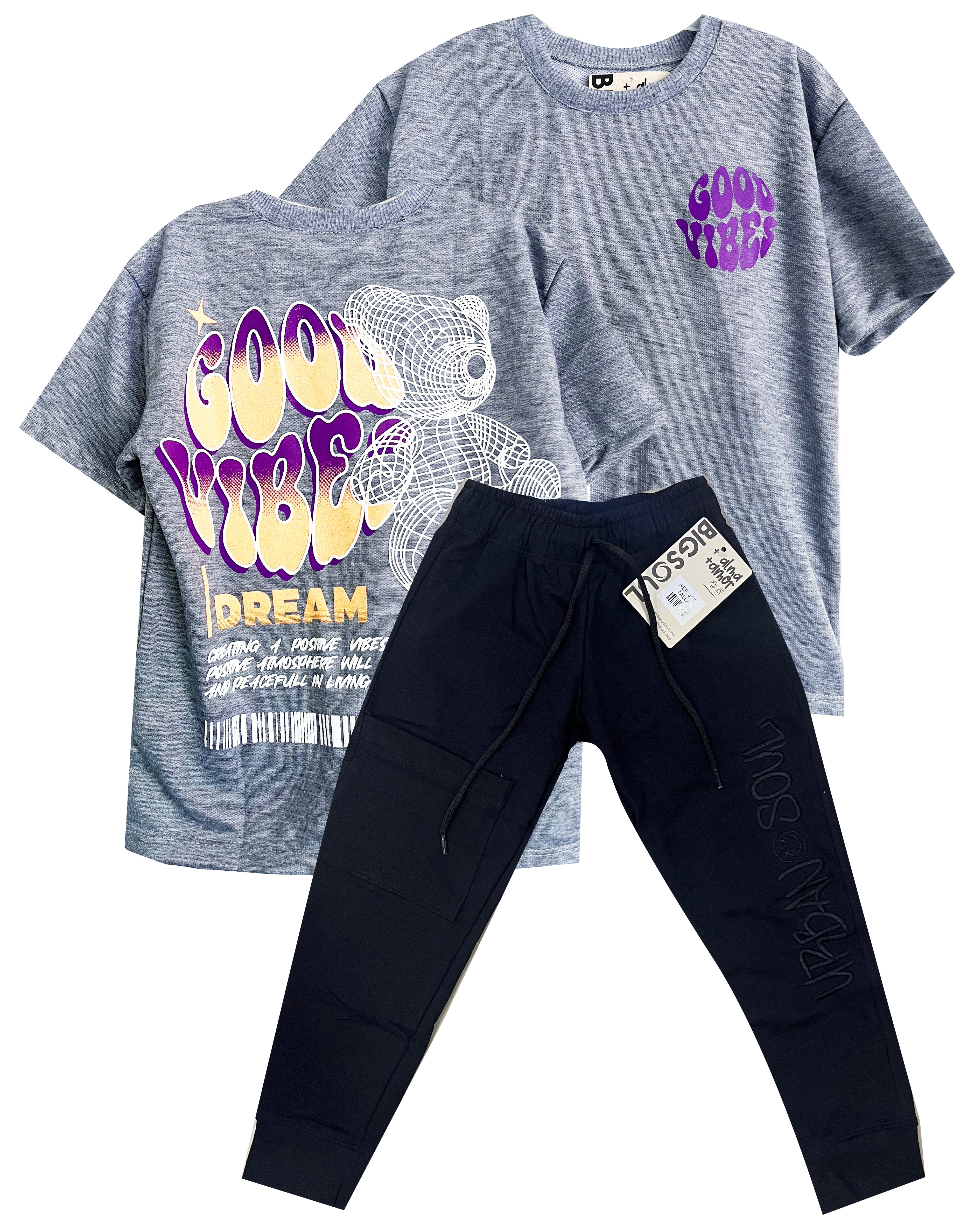 CJ1824 CONJUNTO CAMISETA OVER SIZE GRIS JASPE/ JOGGER NEGRO