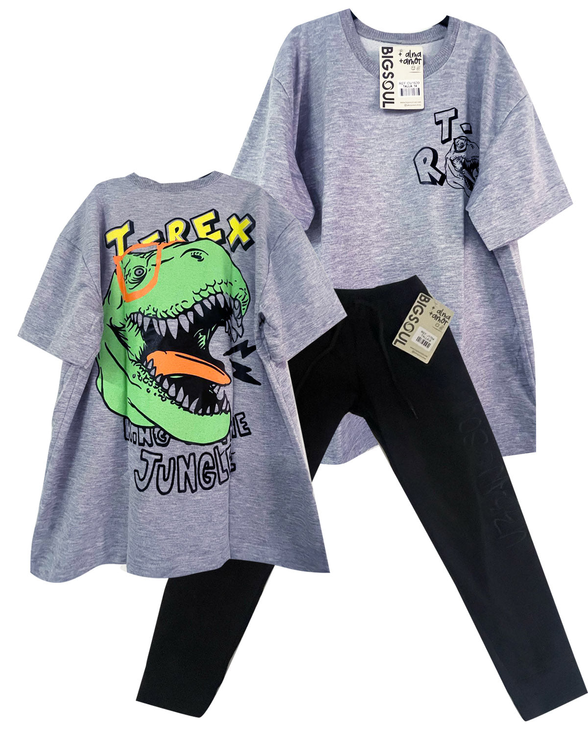 CJ1639  CONJUNTO CAMISETA OVER SIZE GRIS JASPE/ JOGGER NEGRO