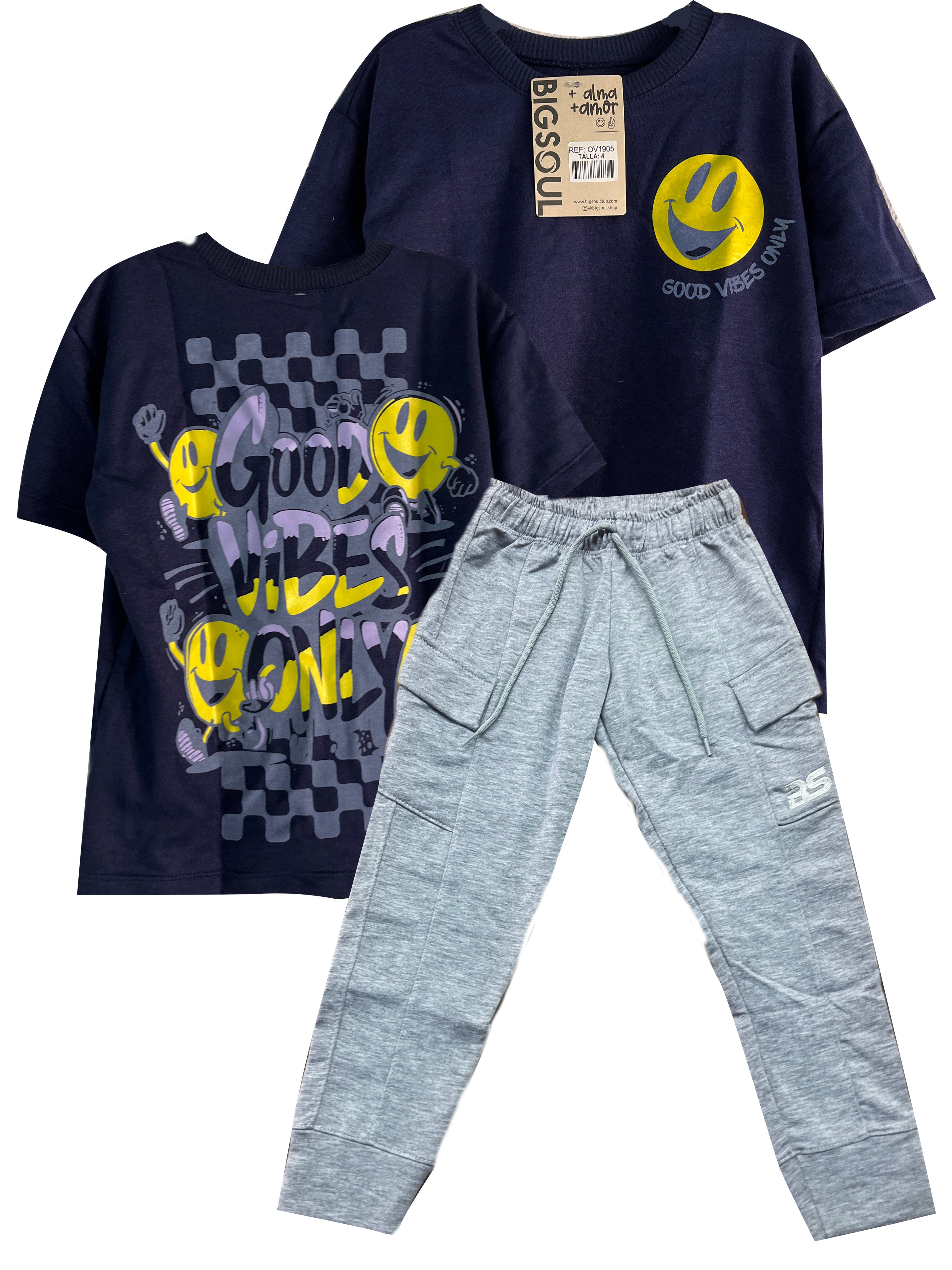 CJ1905 CONJUNTO CAMISETA OVER SIZE AZUL OSCURO/ JOGGER GRIS JASPE