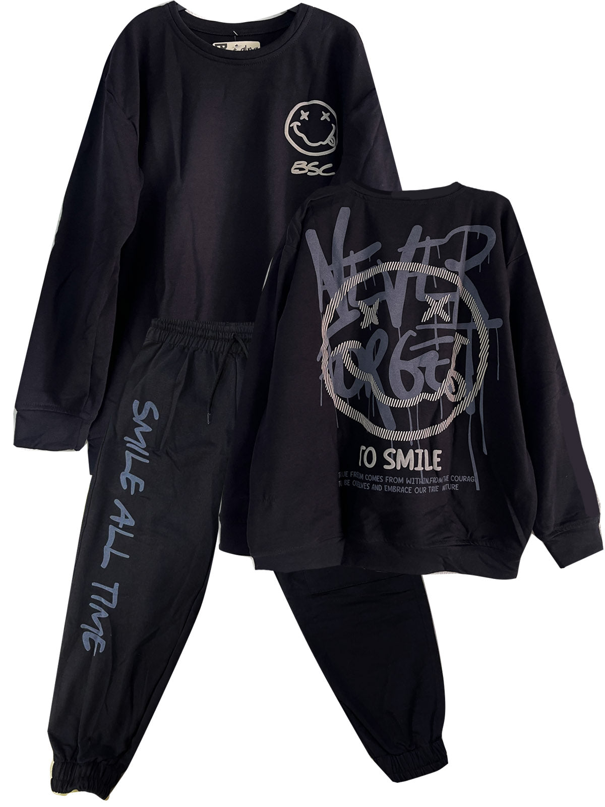 CJ1916 CONJUNTO UNICOLOR BUSO  OVERSIZE NEGRO   + JOGGER NEGRO