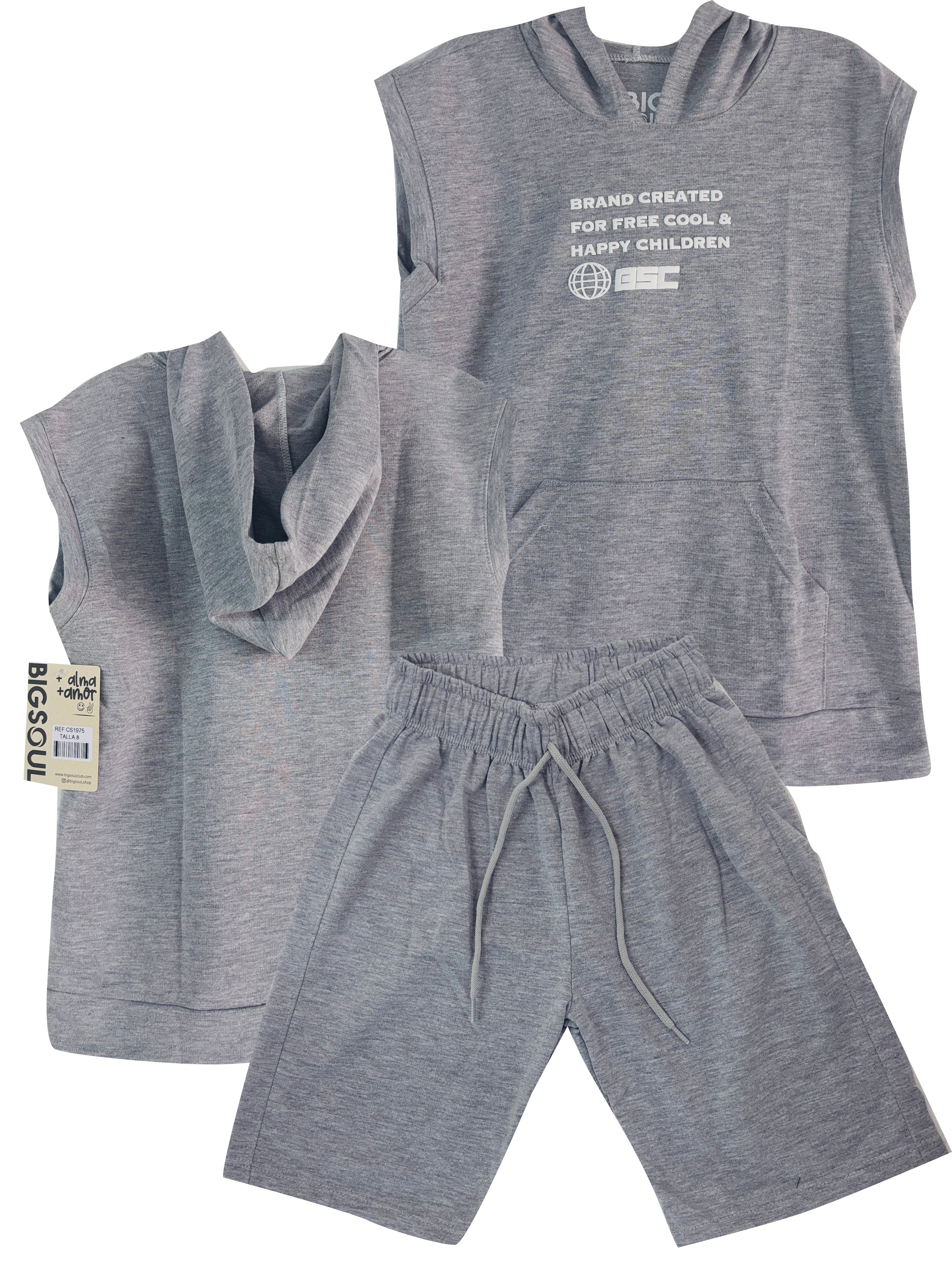 CS1975 CONJUNTO CAMISILLA + CAPUCHA/ BERMUDA BURDA GRIS JASPE