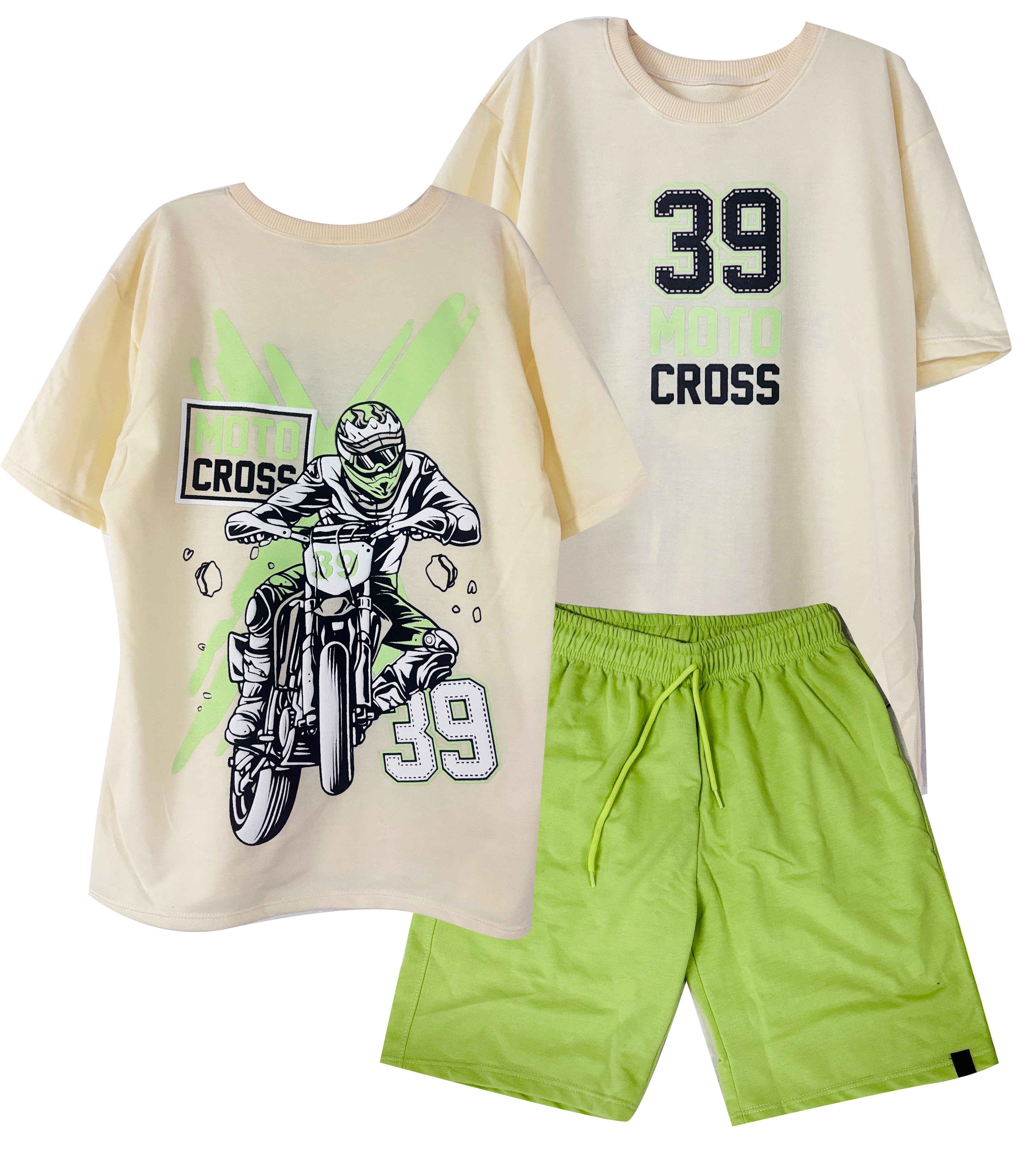 CONJUNTO CAMISETA MOTO CROS  OVER SIZE MARFIL/ BERMUDA VERDE MANZANA
