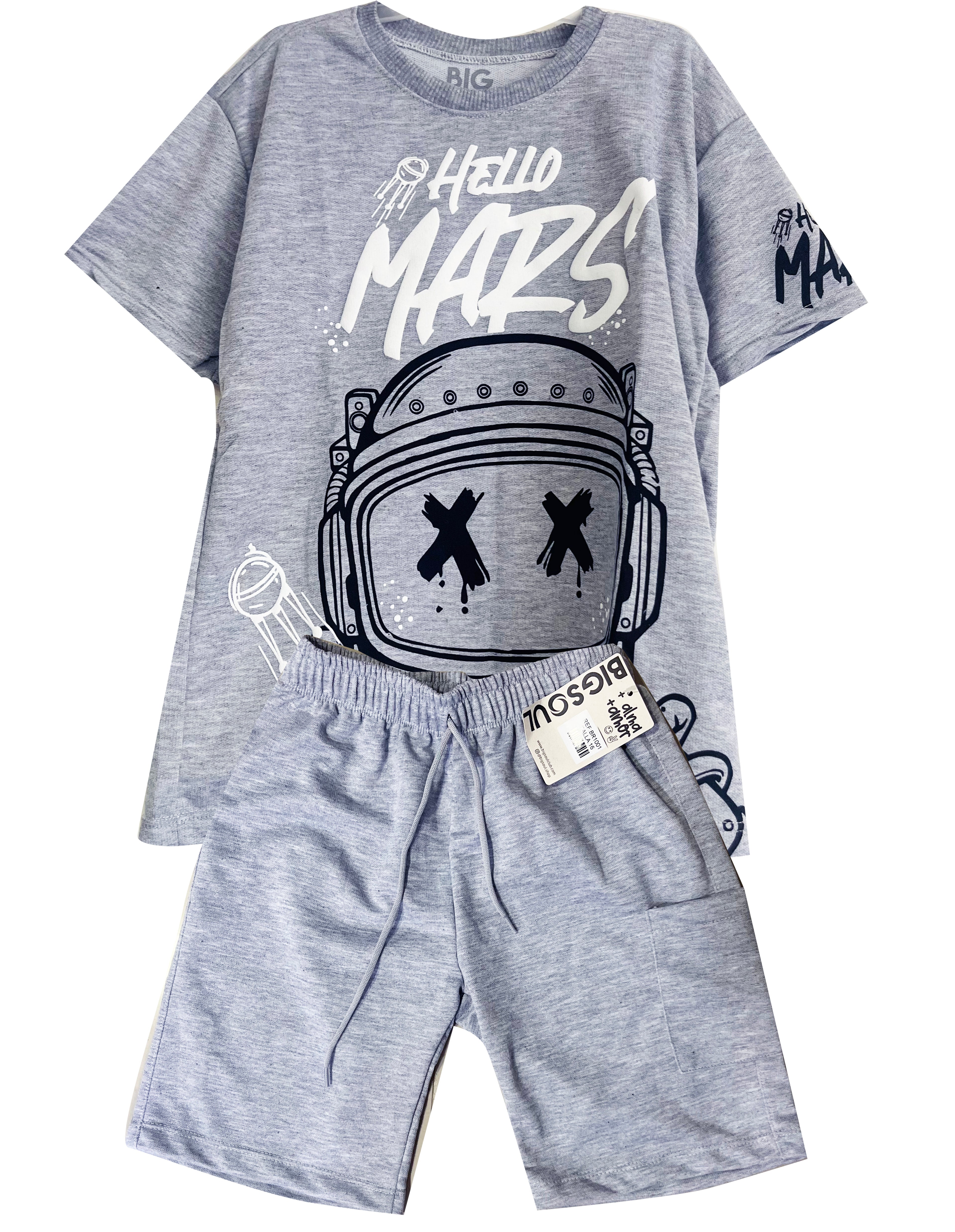 OV1542 CONJUNTO  CAMISETA  OVER SIZE GRIS JASPE / BERMUDA BURDA GRIS JASPE