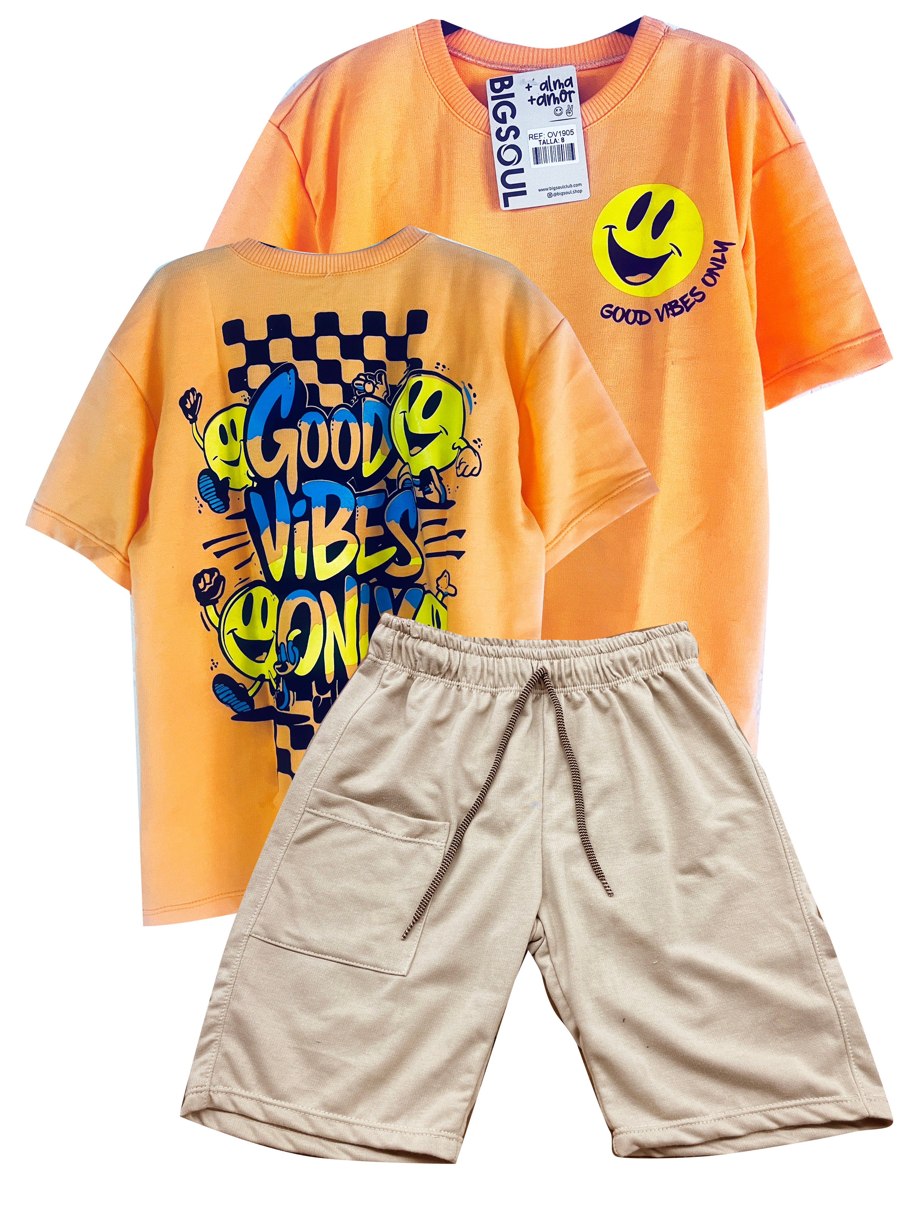 C1905 CONJUNTO  UNICOLOR CAMISETA OVER SIZE NARANJA PASTEL / BERMUDA KAKY