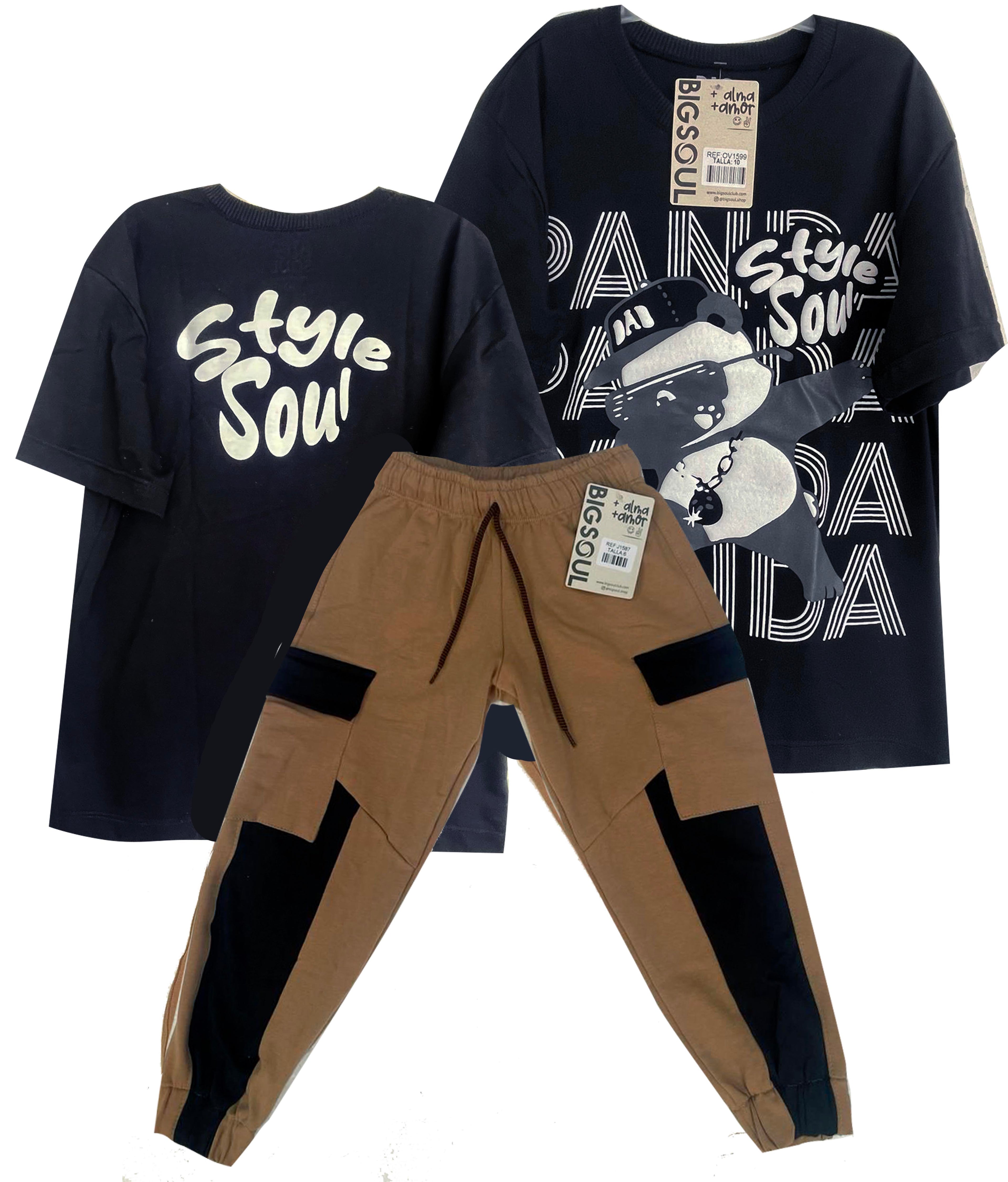 CJ1599 CONJUNTO CAMISETA OVER SIZE  NEGRO/ JOGGER TABACO