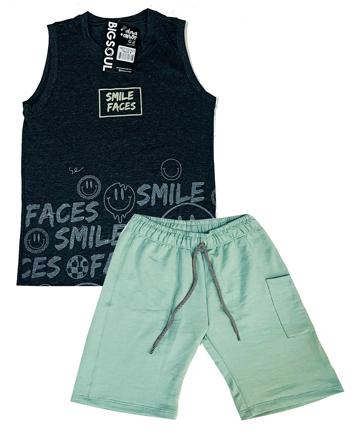 CAMISILLA SMILE FACES NEGRO CROS/ BERMUDA VERDE SECO