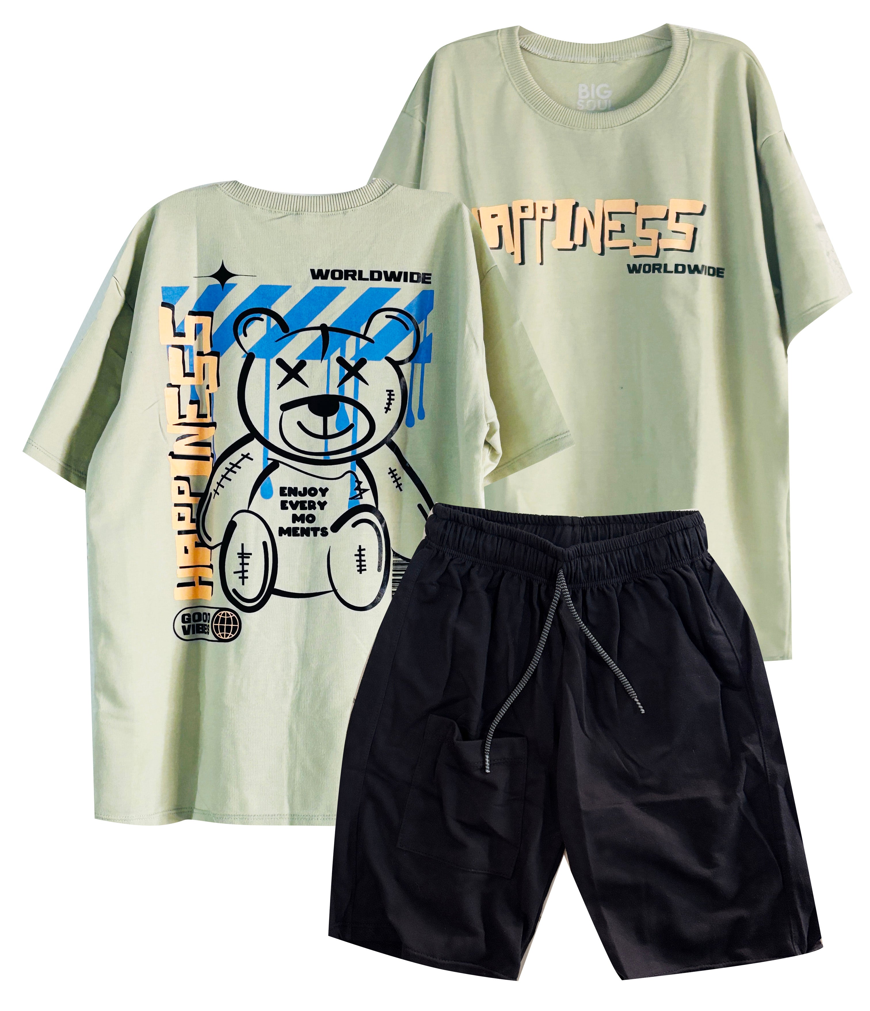 C2078 CONJUNTO CAMISETA  OVER SIZE VERDE PASTEL/ BERMUDA NEGRO