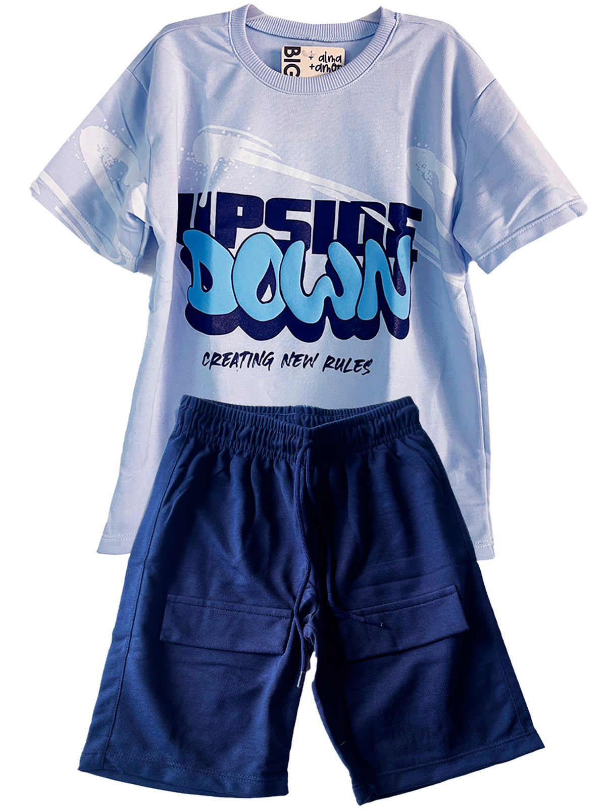 C1978 CONJUNTO CAMISETA OVER SIZE AZUL PASTEL Y BERMUDA AZUL OSCURO