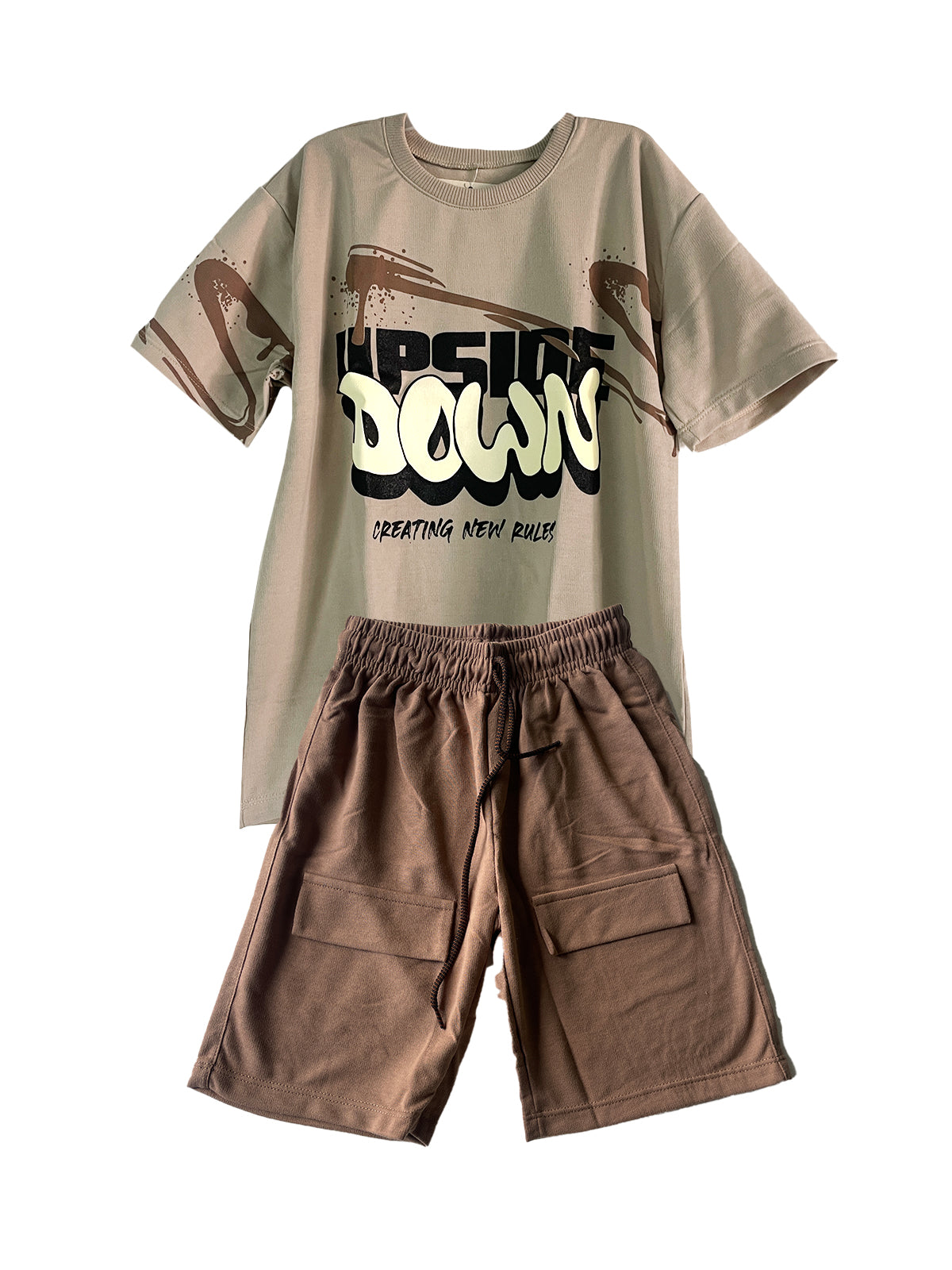C1978 CONJUNTO CAMISETA OVER SIZE KAKY Y BERMUDA TABACO