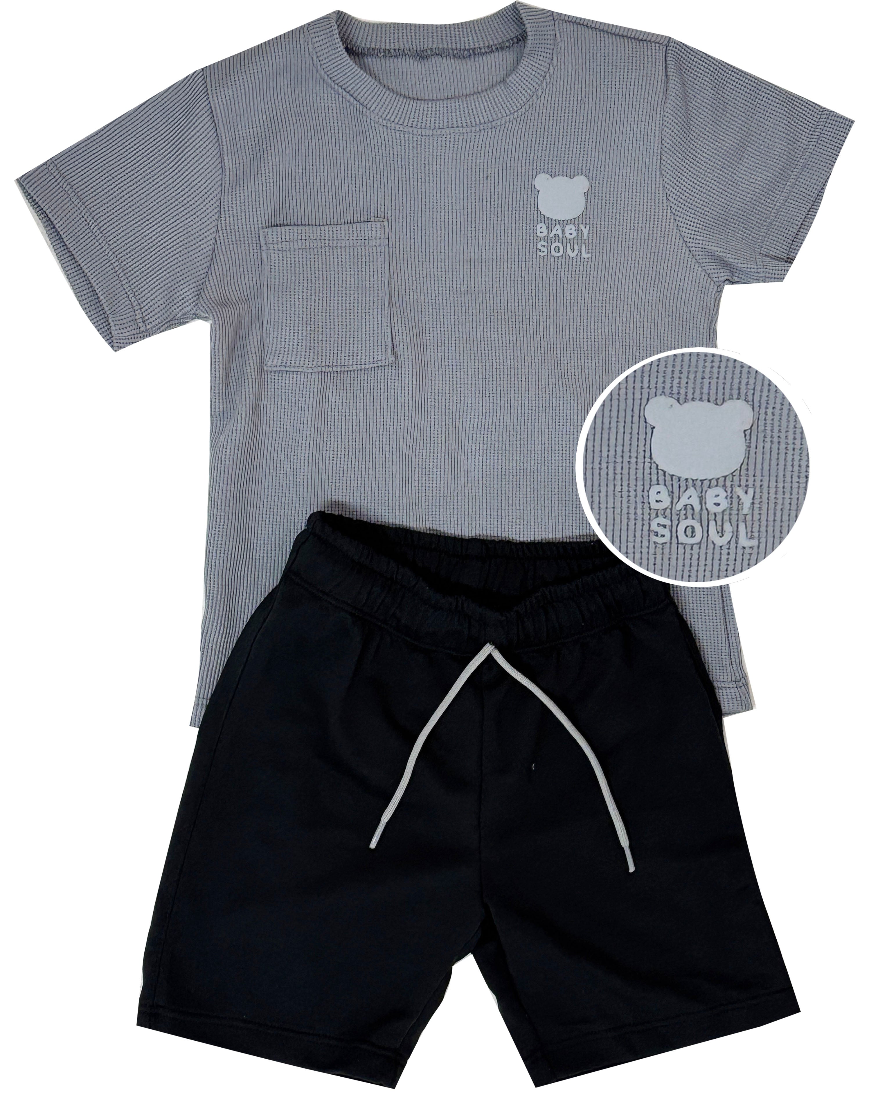 CONJUNTO BEBE BABY SOUL CAMISETA TEXTURA   /BERMUDA BURDA NEGRO