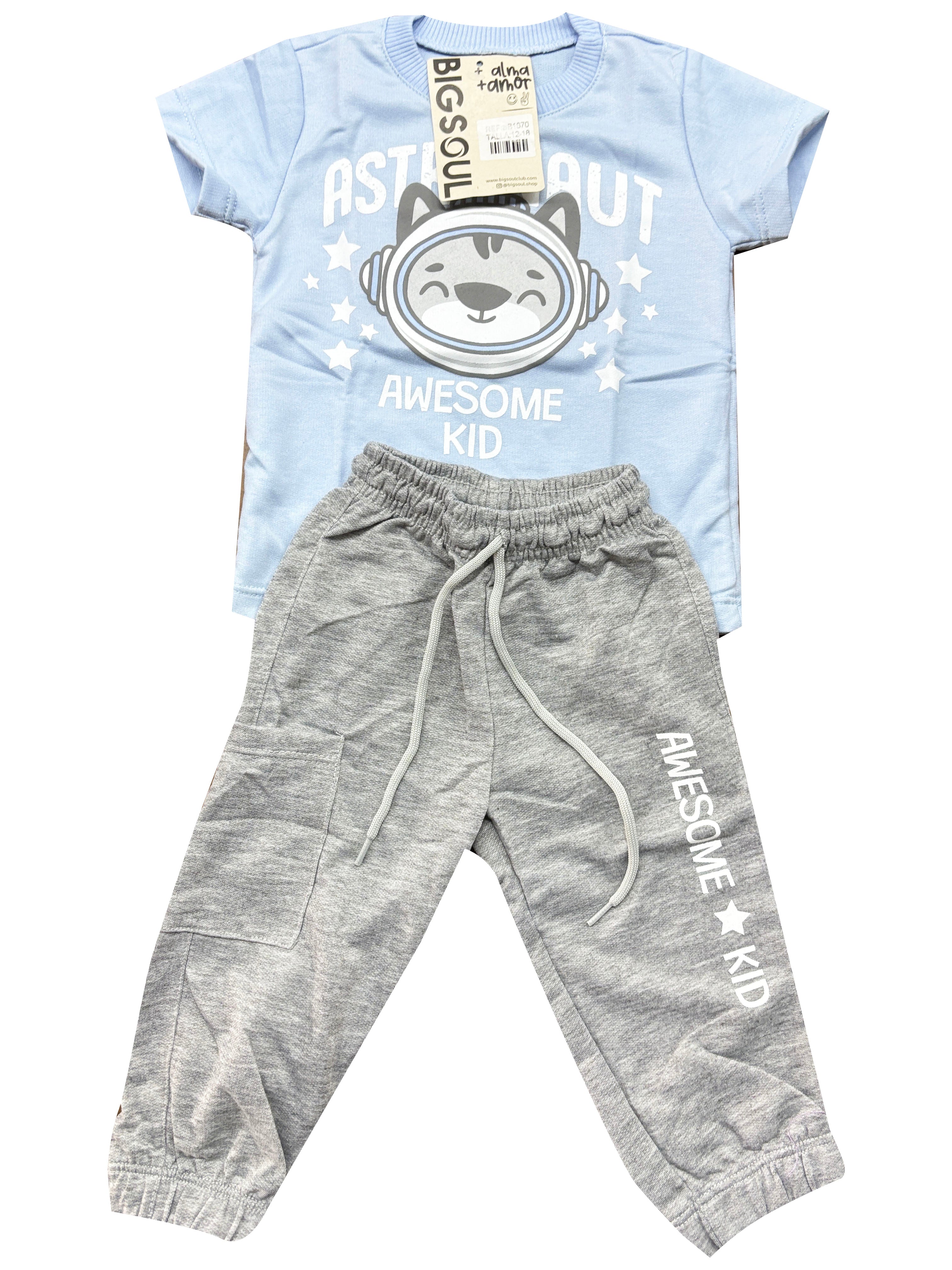 BB1870 CONJUNTO BEBE CAMISETA AZUL CIELO /JOGGER BURDA LIVIANA GRIS
