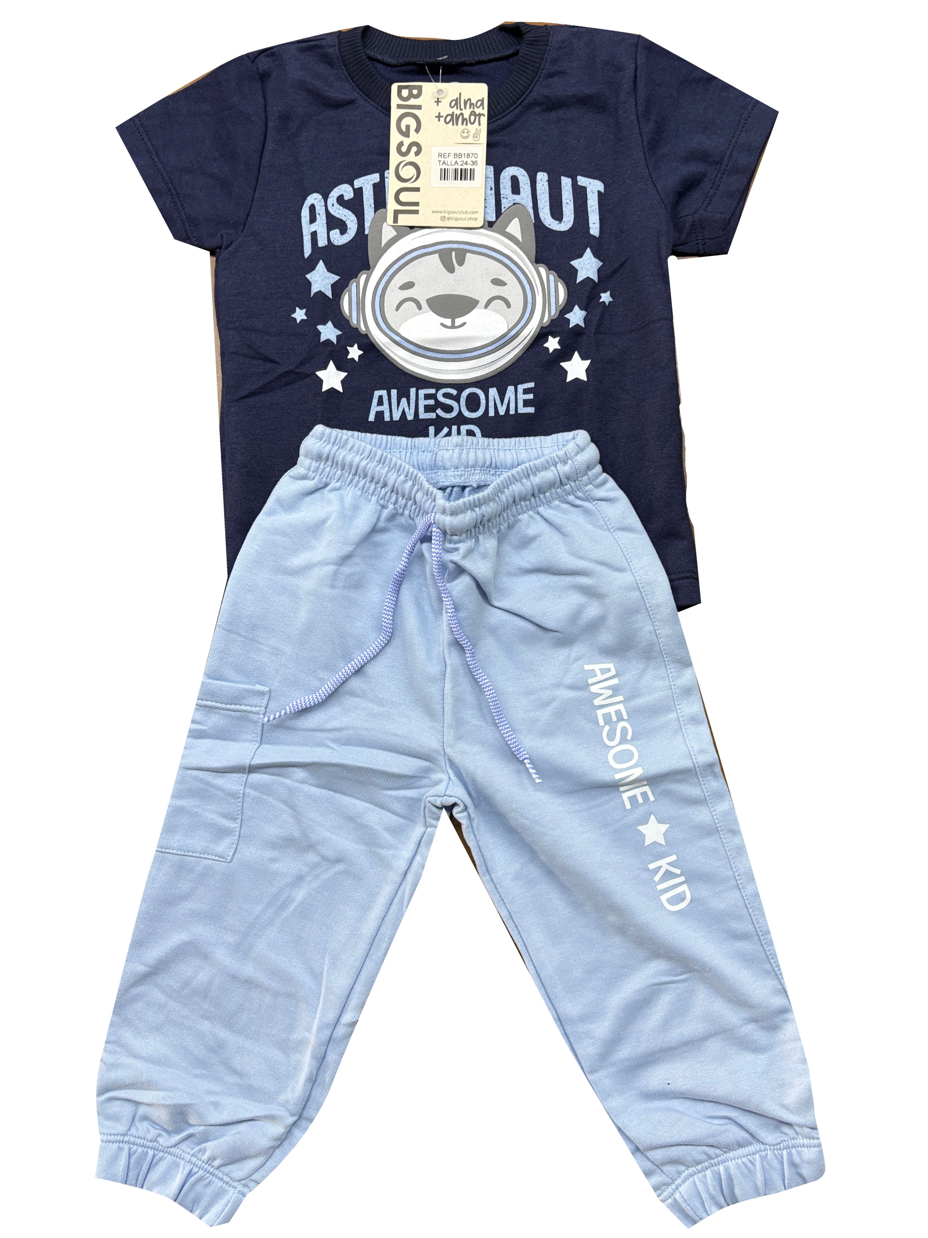 BB1870 CONJUNTO BEBE CAMISETA AZUL NAVI /JOGGER BURDA LIVIANA AZUL CIELO