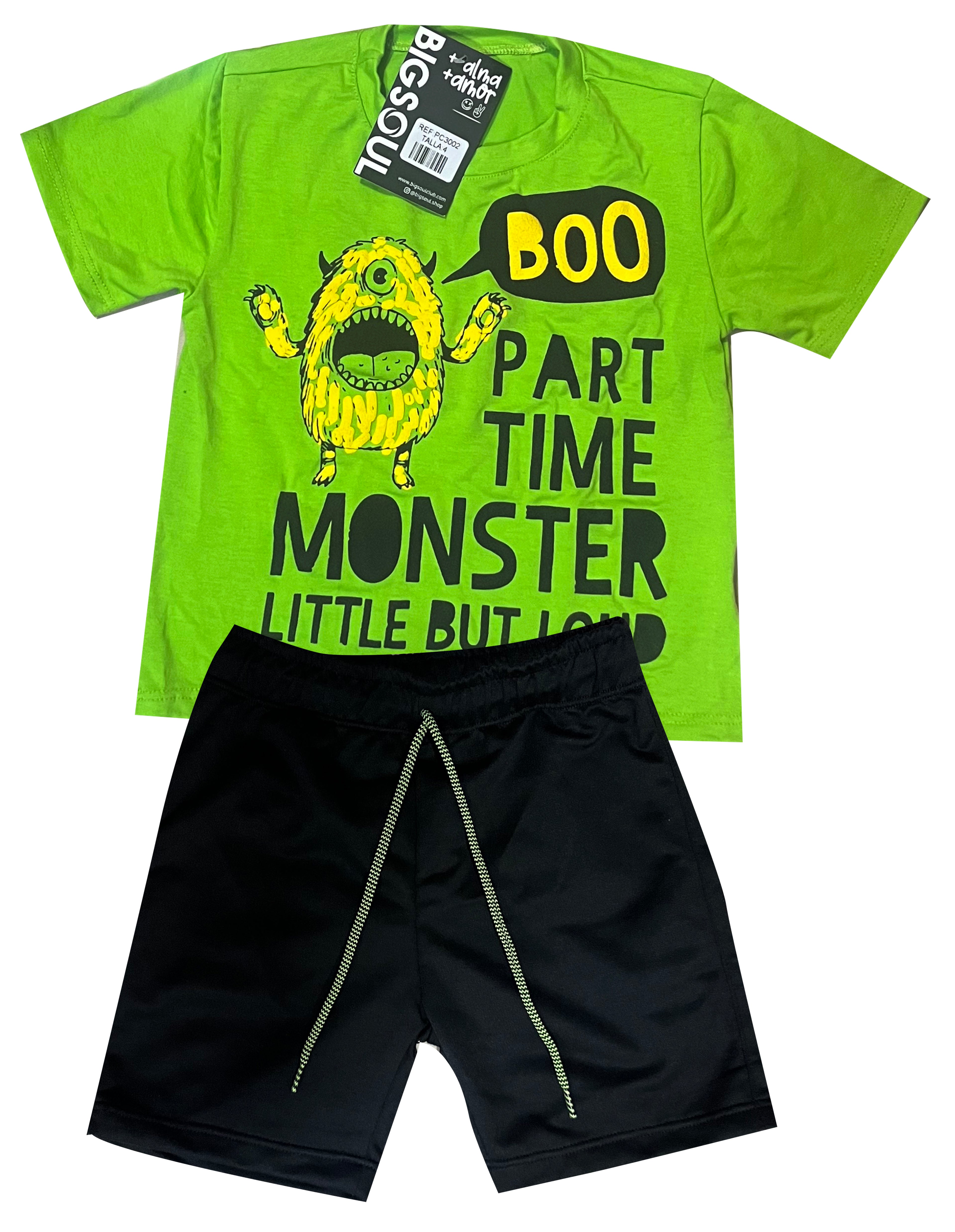 CONJUNTO DINO CAMISETA VEDE LIMON/ BERMUDA NEGRO