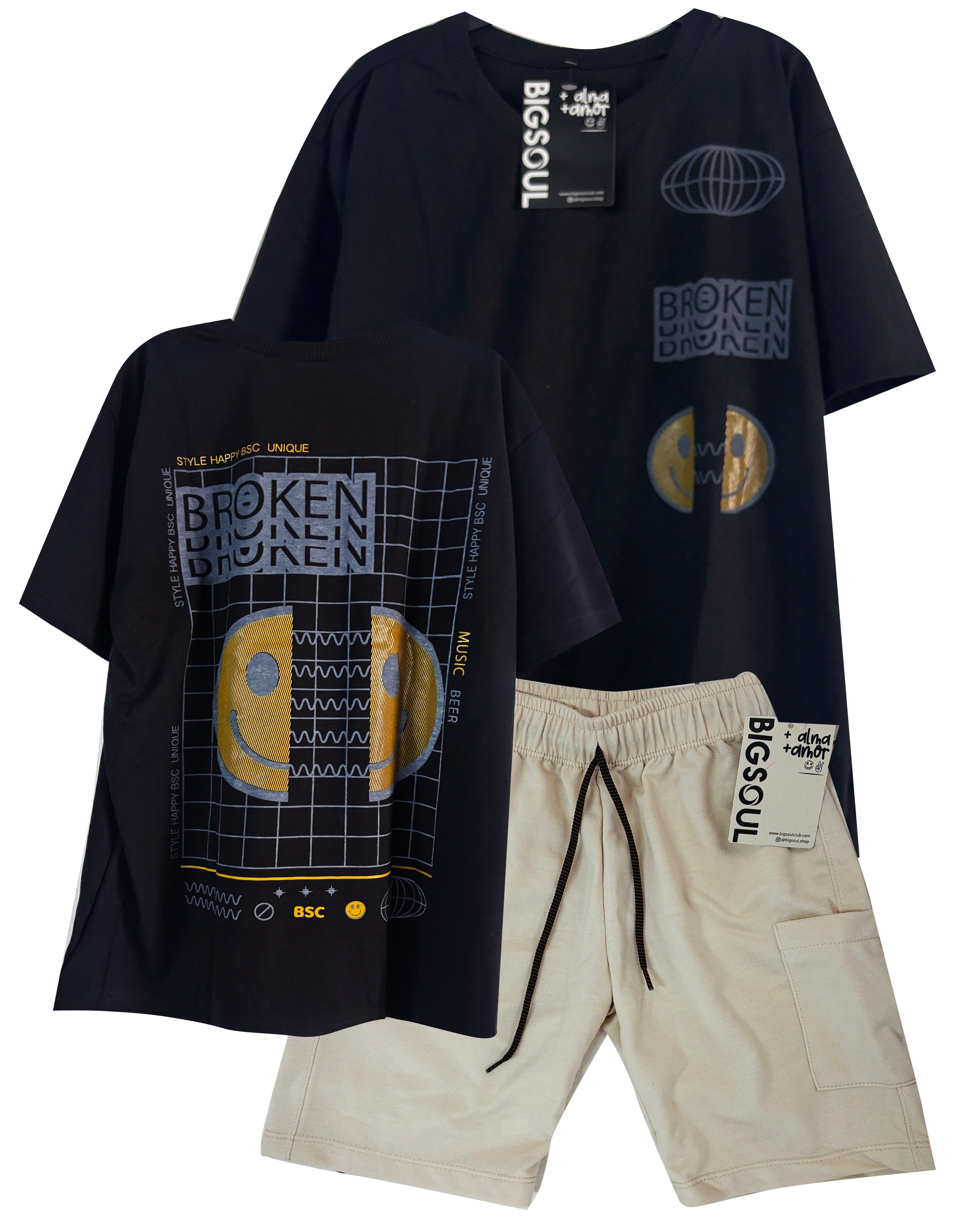 CONJUNTO CAMISETA  OVER SIZE  NEGRO / BERMUDA KAKY