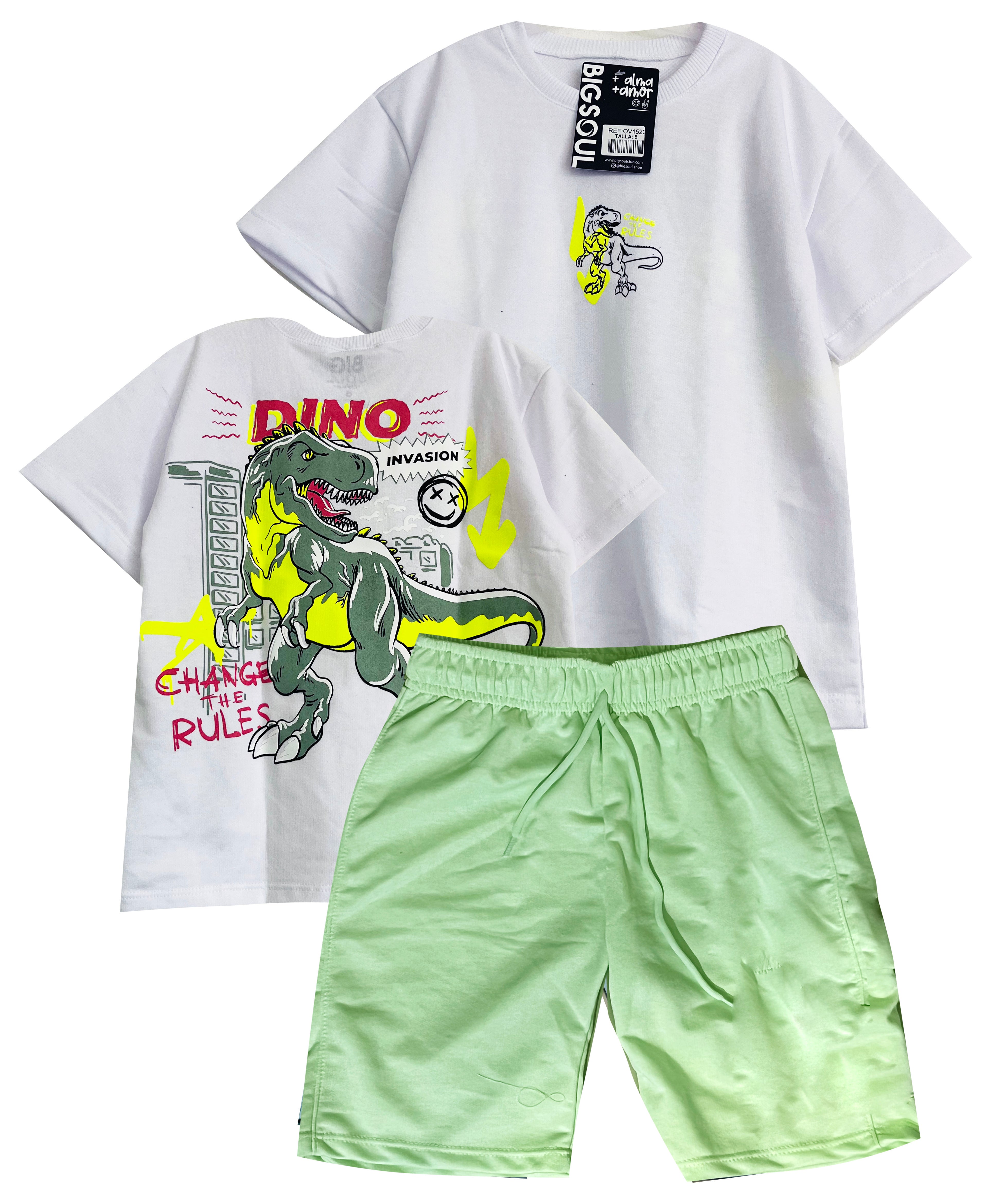 C1520 CAMISETA OVERSIZE BLANCO/ BERMUDA VERDE MANZANA