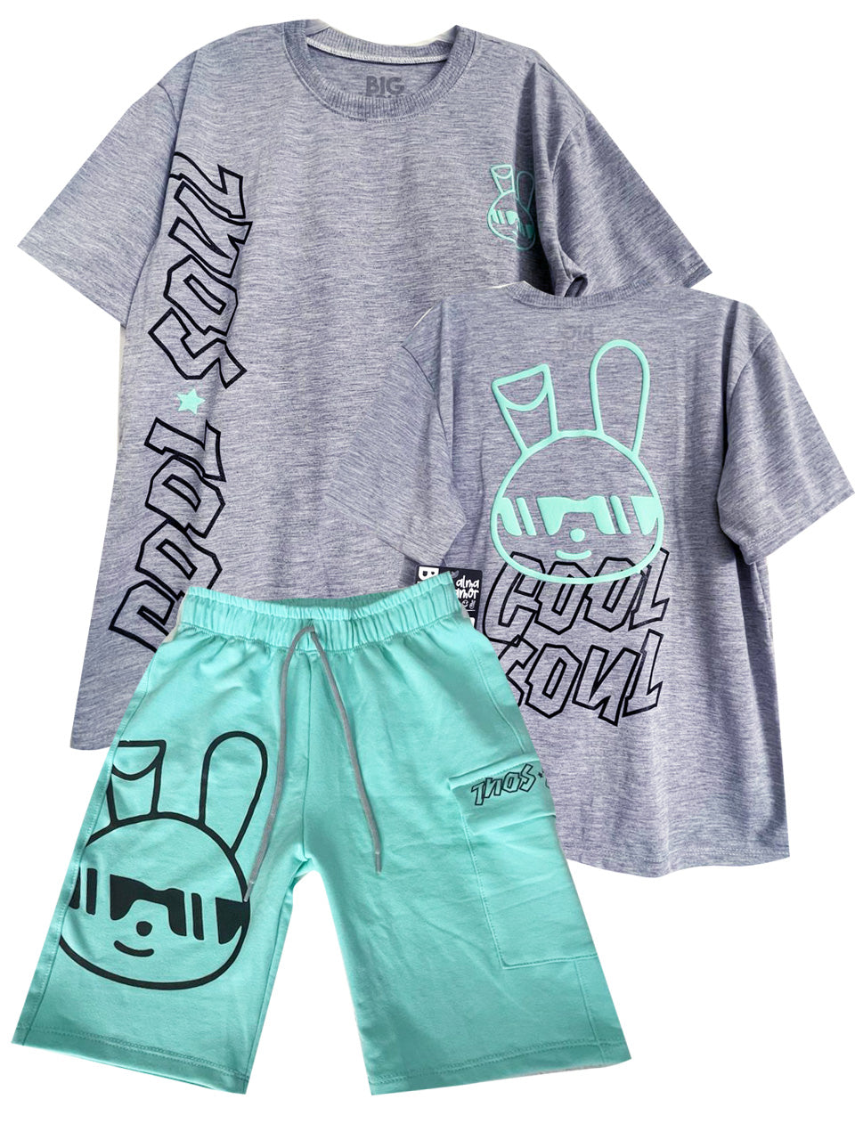 C1602 CONJUNTO  OVER SIZE GRIS JASPE/ BERMUDA  AGUAMARINA