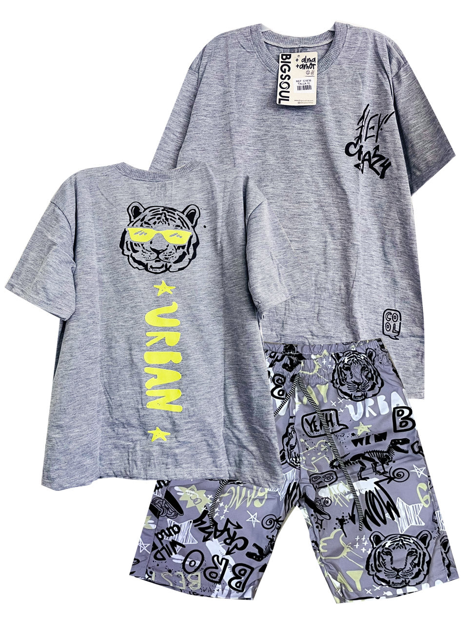 C1606 CAMISETA OVER SIZE GRIS JASPE / BERMUDA SUBLIMADA NAUTICA