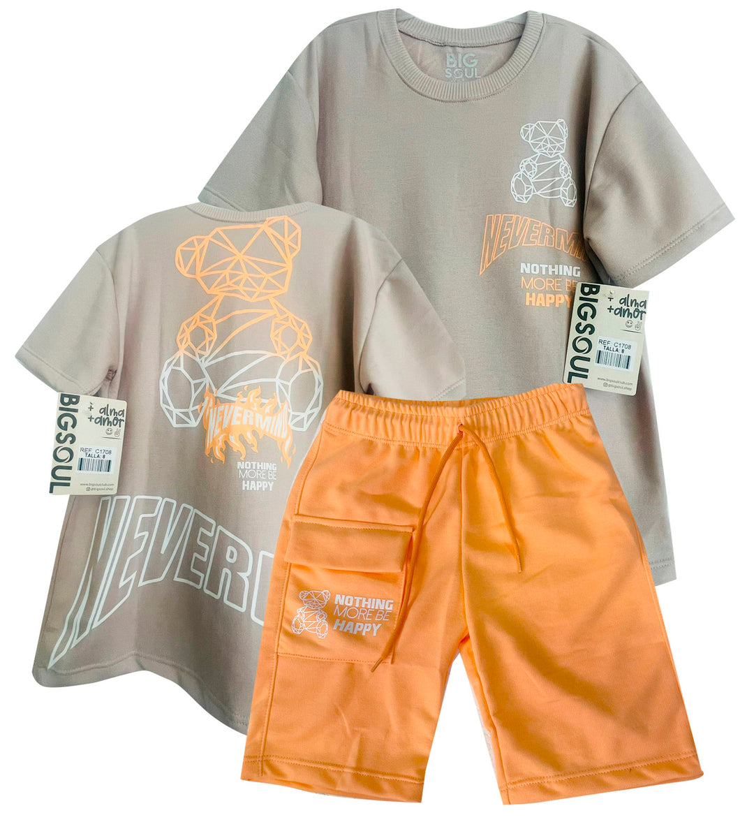 C1708 CONJUNTO CAMISETA OVER SIZE KAKY/ BERMUDA NARANJA PASTEL