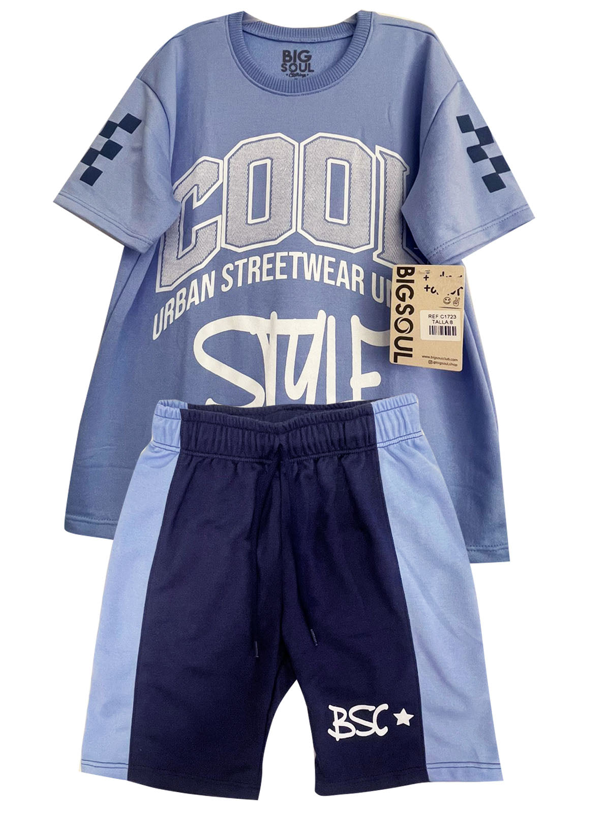 C1723 CONJUNTO  CAMISETA OVER SIZE HORTENCIA/ BERMUDA BURDA AZUL OSCURO