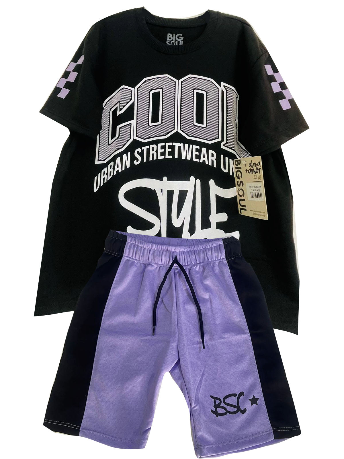 C1723 CONJUNTO  CAMISETA OVER SIZE NEGRO/ BERMUDA LILA