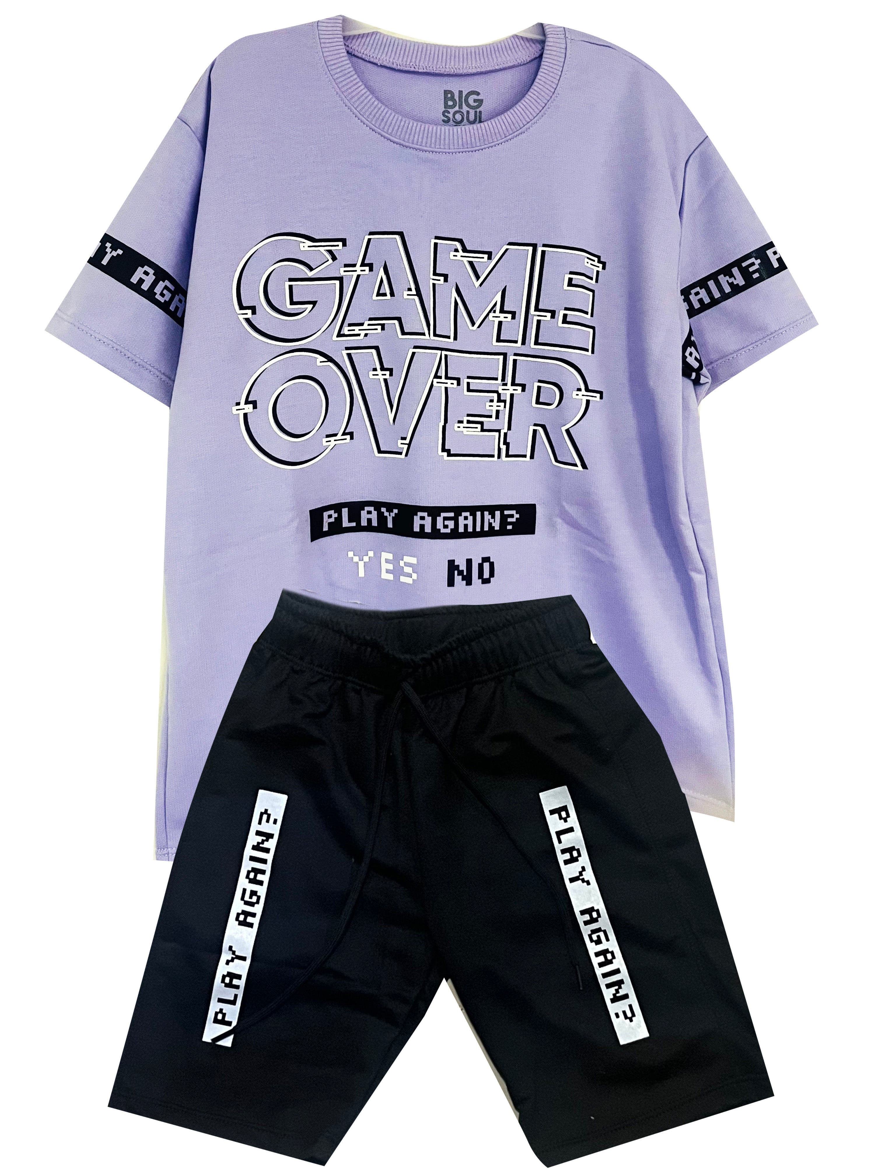 C1725 CONJUNTO   CAMISETA OVER SIZE LILA/ BERMUDA BURDA NEGRO