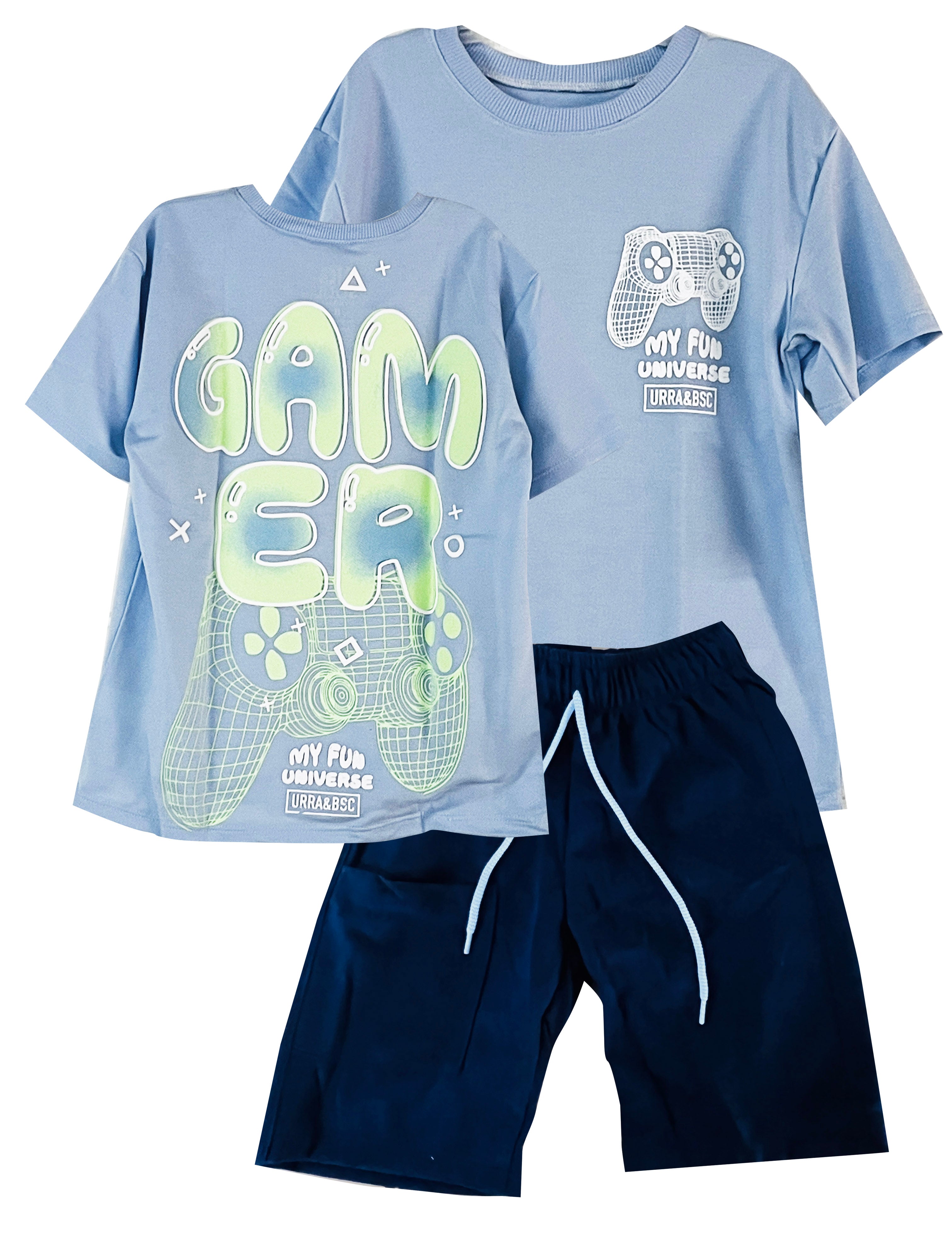 C1732 CONJUNTO   CAMISETA OVER SIZE AZUL CIELO / BERMUDA AZUL OSCURO