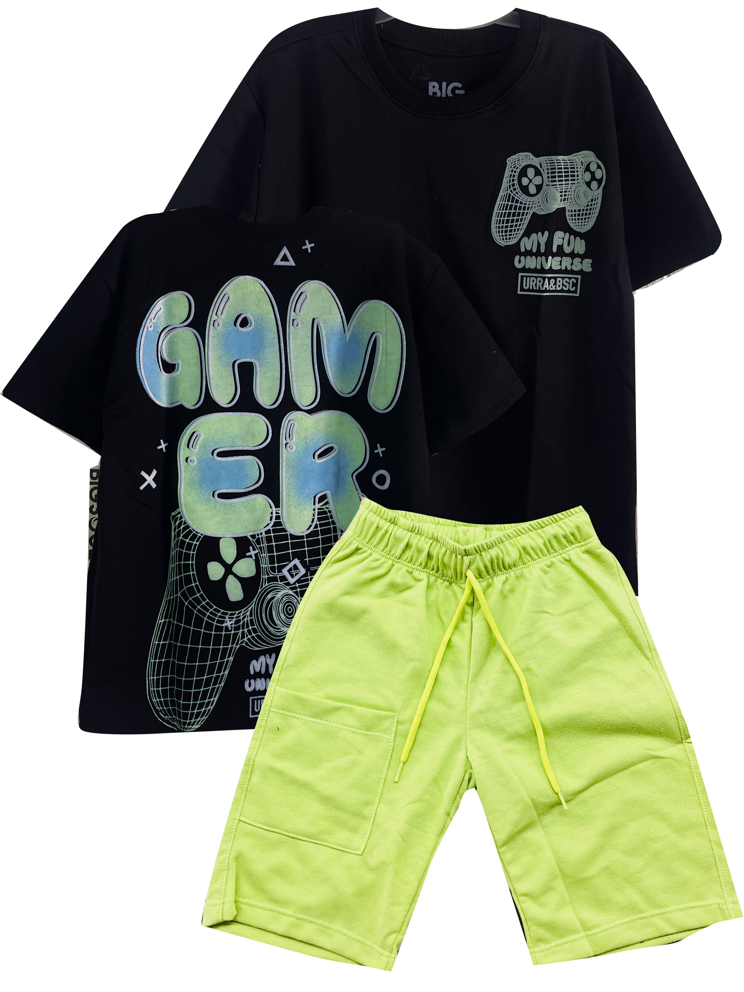 C1732 CONJUNTO   CAMISETA OVER SIZE NEGROO/ BERMUDA VERDE MANZANA