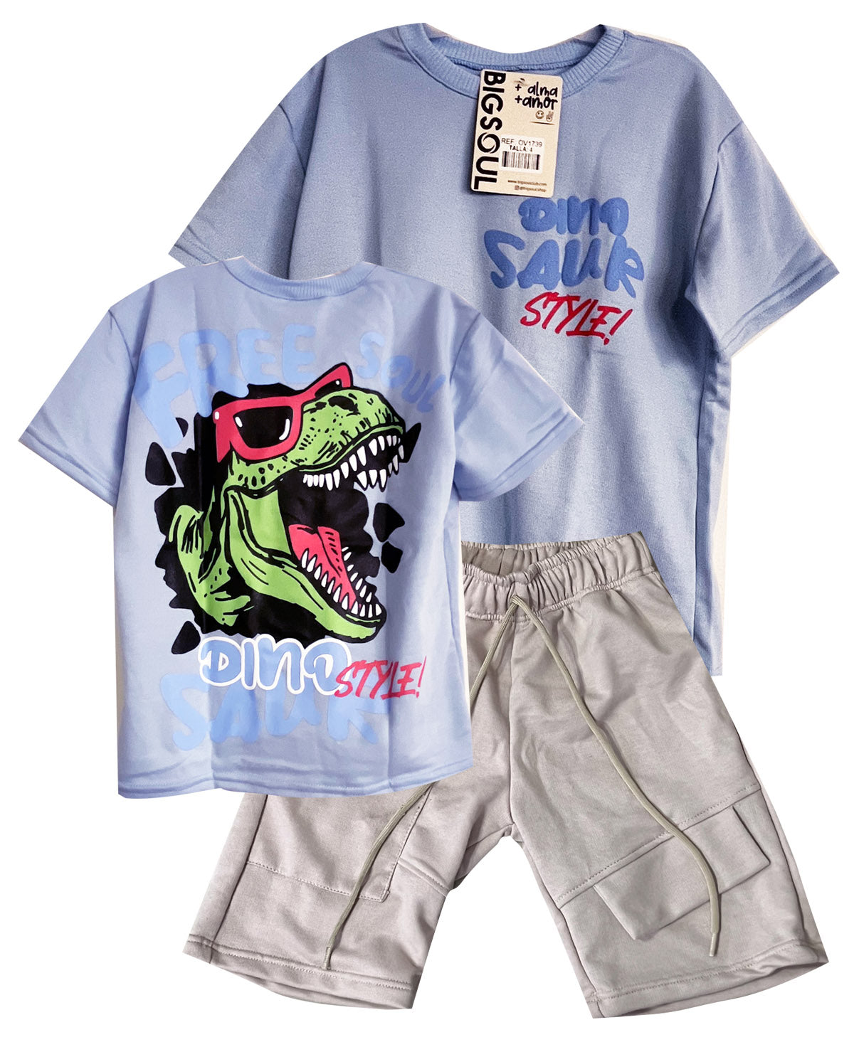 C1739 CONJUNTO CAMISETA OVER SIZE  BURDA LIVIANA AZUL CIELO/ BERMUDA KAKY