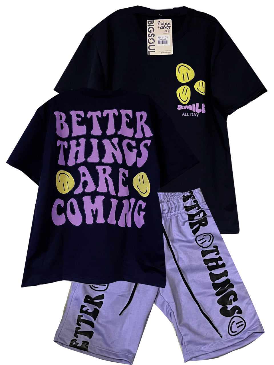 C1722 CONJUNTO  CAMISETA OVER SIZE NEGRO/ BERMUDA BURDA LILA