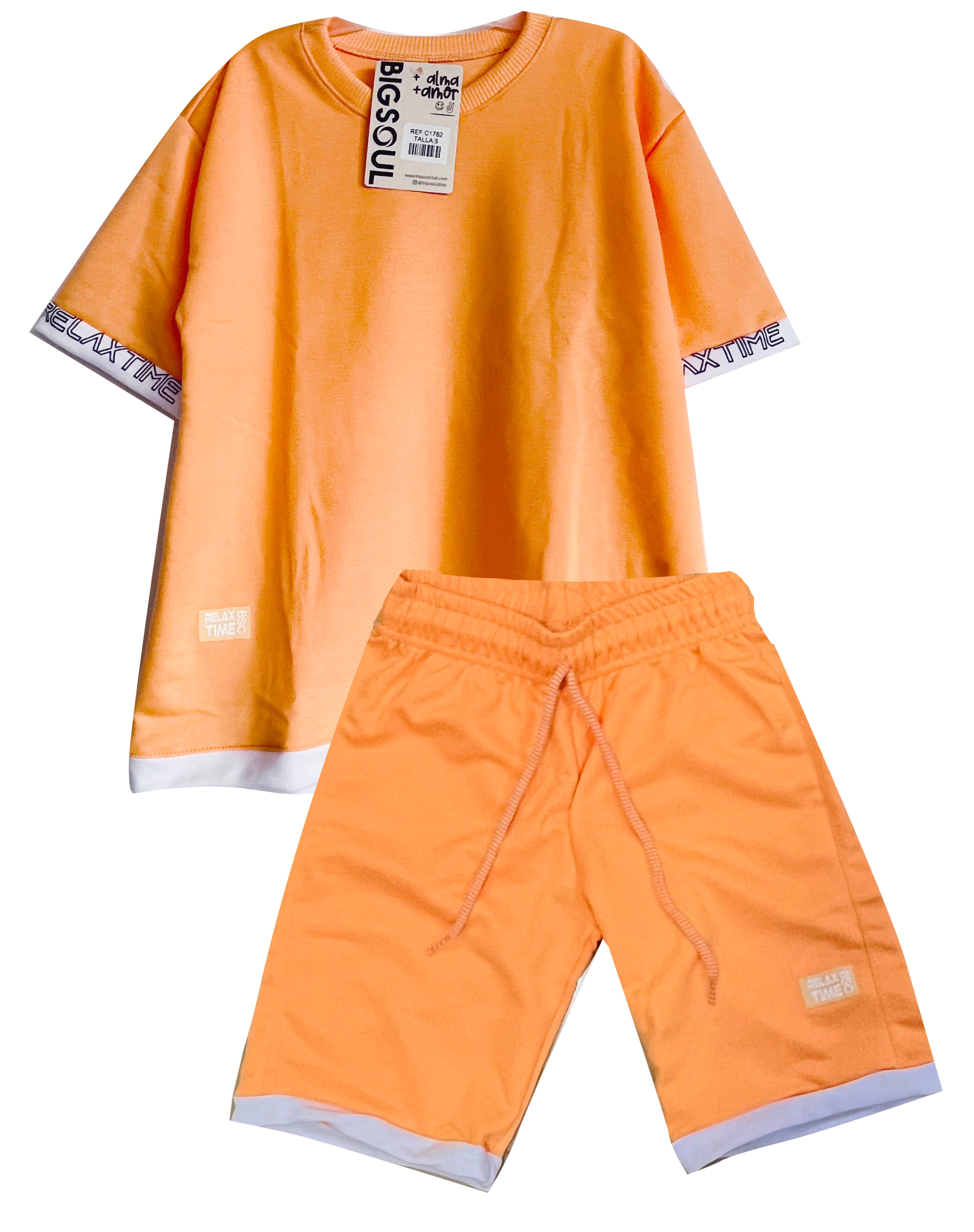 C1782 CONJUNTO UNICOLOR CAMISETA OVER SIZE  BURDA LIVIANA NARANJA PASTEL/ BERMUDA BURDA NARANJA