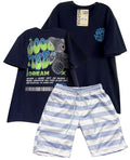 C1824 CONJUNTO   CAMISETA OVER SIZE AZUL OSCURO/ BERMUDA BURDA SUBLIMADA RAYAS