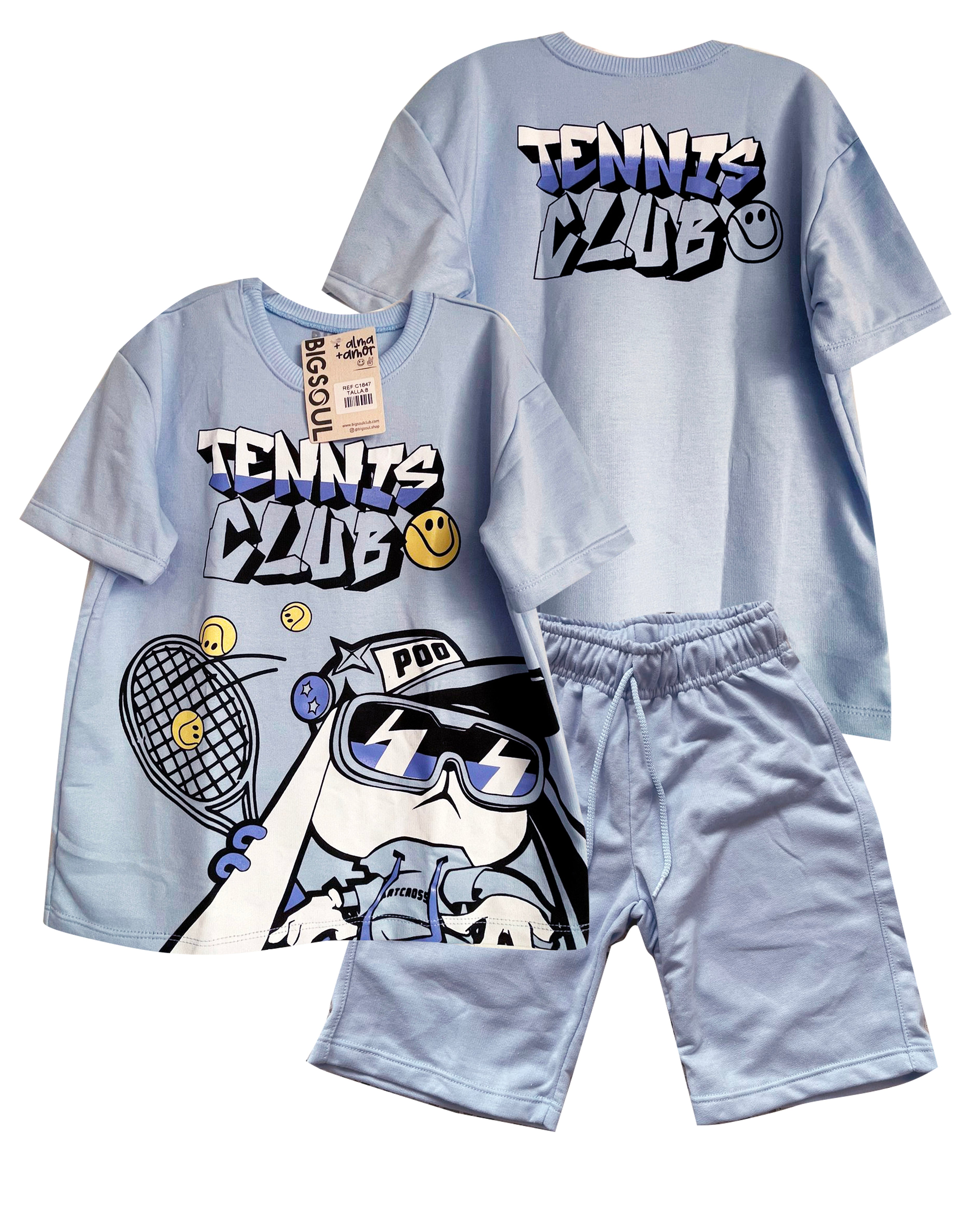 C1847 CONJUNTO  UNICOLOR CAMISETA OVER SIZE / BERMUDA AZUL CIELO