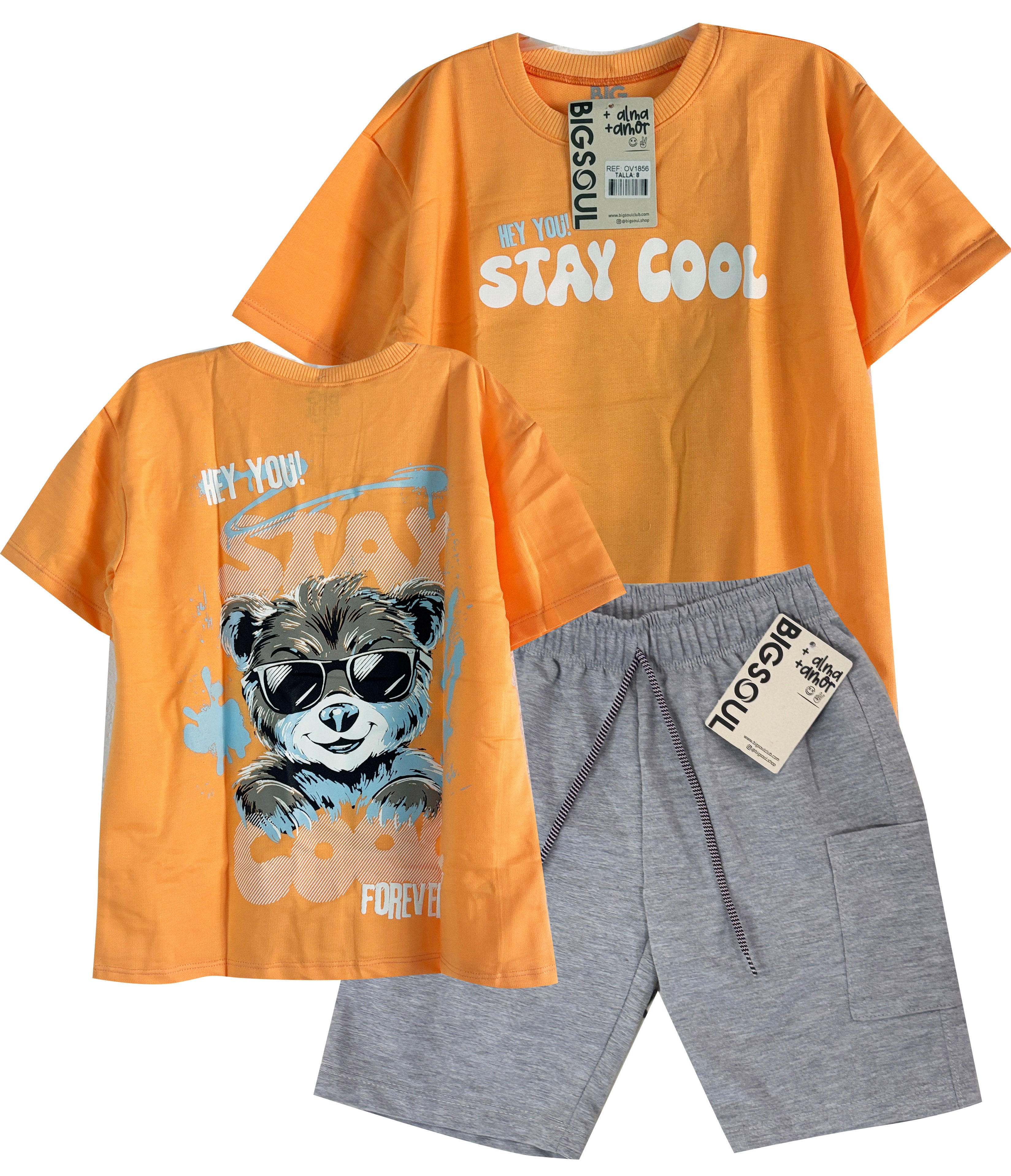 C1856 CONJUNTO CAMISETA  OVER SIZE NARANJA PASTEL/ BERMUDA GRIS JASPE