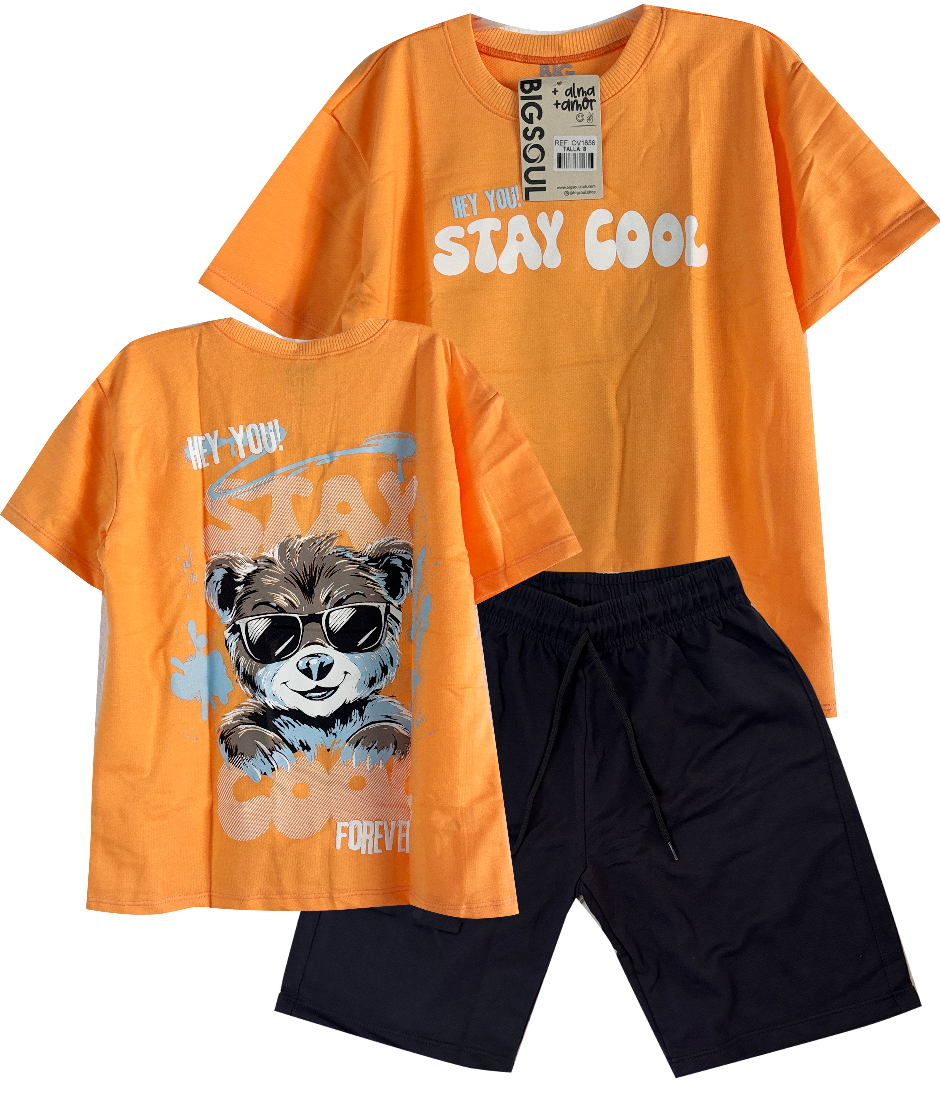 C1856 CONJUNTO CAMISETA  OVER SIZE NARANJA / BERMUDA NEGRO