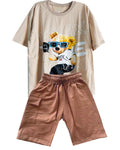 C1857 CONJUNTO UNICOLOR CAMISETA  OVER SIZE KAKY/ BERMUDA TABACO